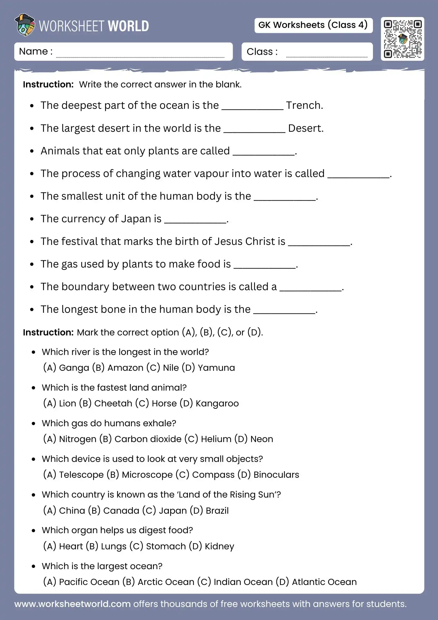 gk worksheet for class 4 questions and answers printable pdf
