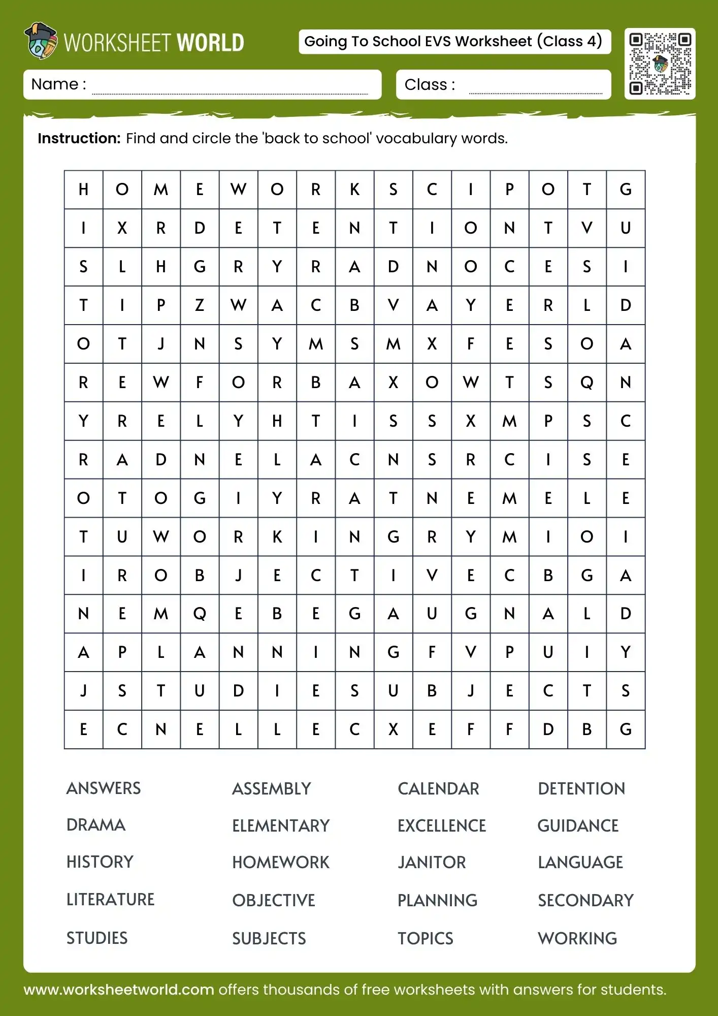 going to school class 4 evs worksheet vocabulary word search activity