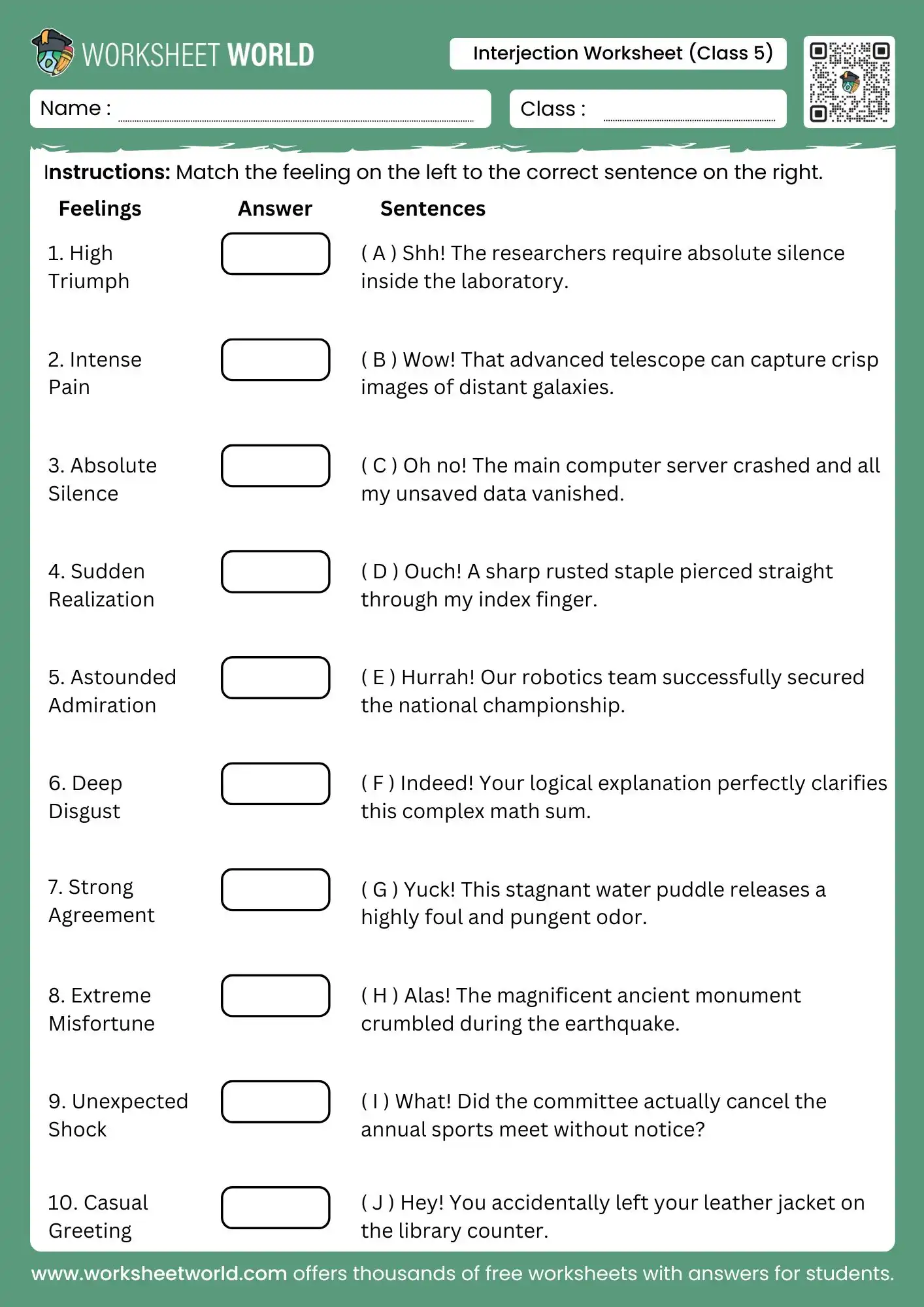 interjection worksheet for class 5 featuring an advanced english grammar sentiment matching activity