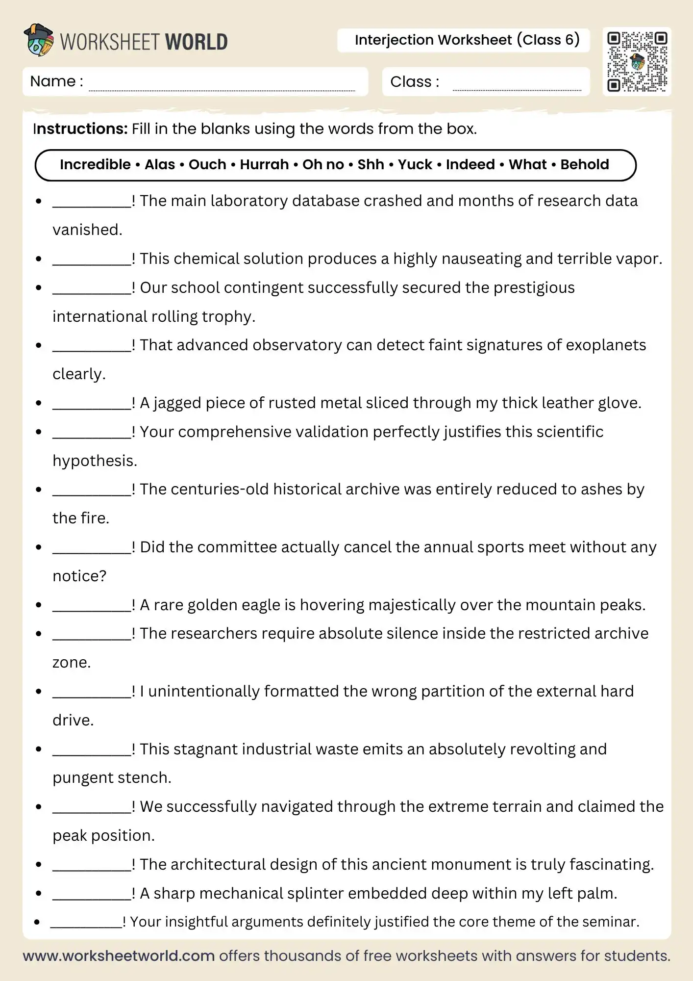 interjection worksheet for class 6 featuring an advanced english grammar sentence completion list