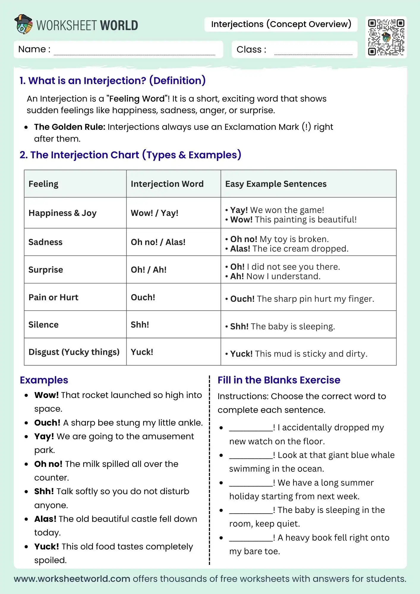 interjections concept overview worksheet featuring an english grammar definition and a fill in the blanks exercise