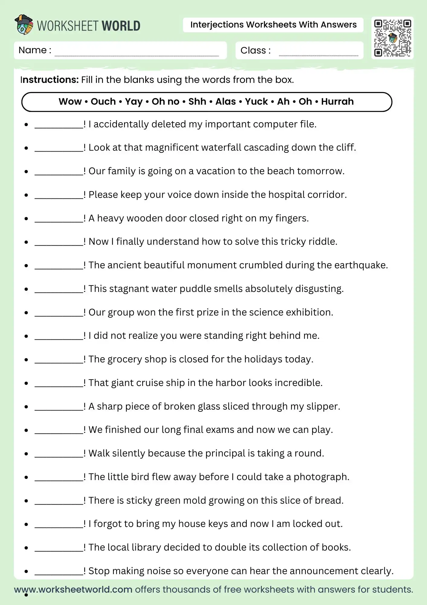 interjections worksheets with answers featuring a comprehensive sentence completion exercise row