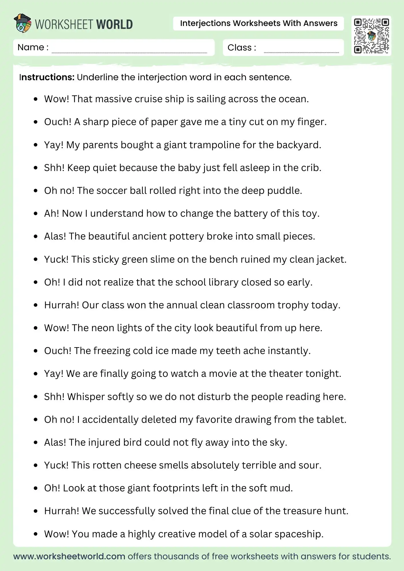 interjections worksheets with answers displaying an intensive initial word underlining layout