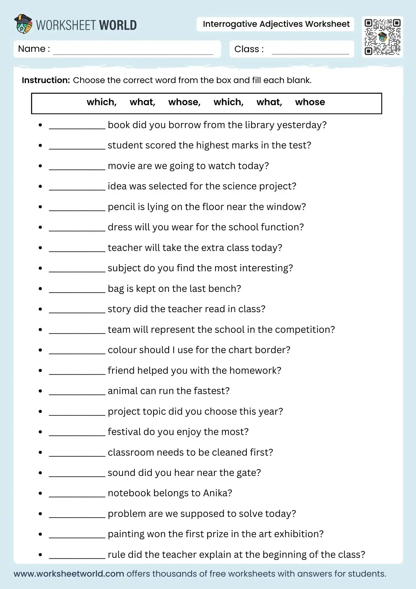 interrogative adjectives worksheets for grade 3 grade 4 grade 5 grammar practice