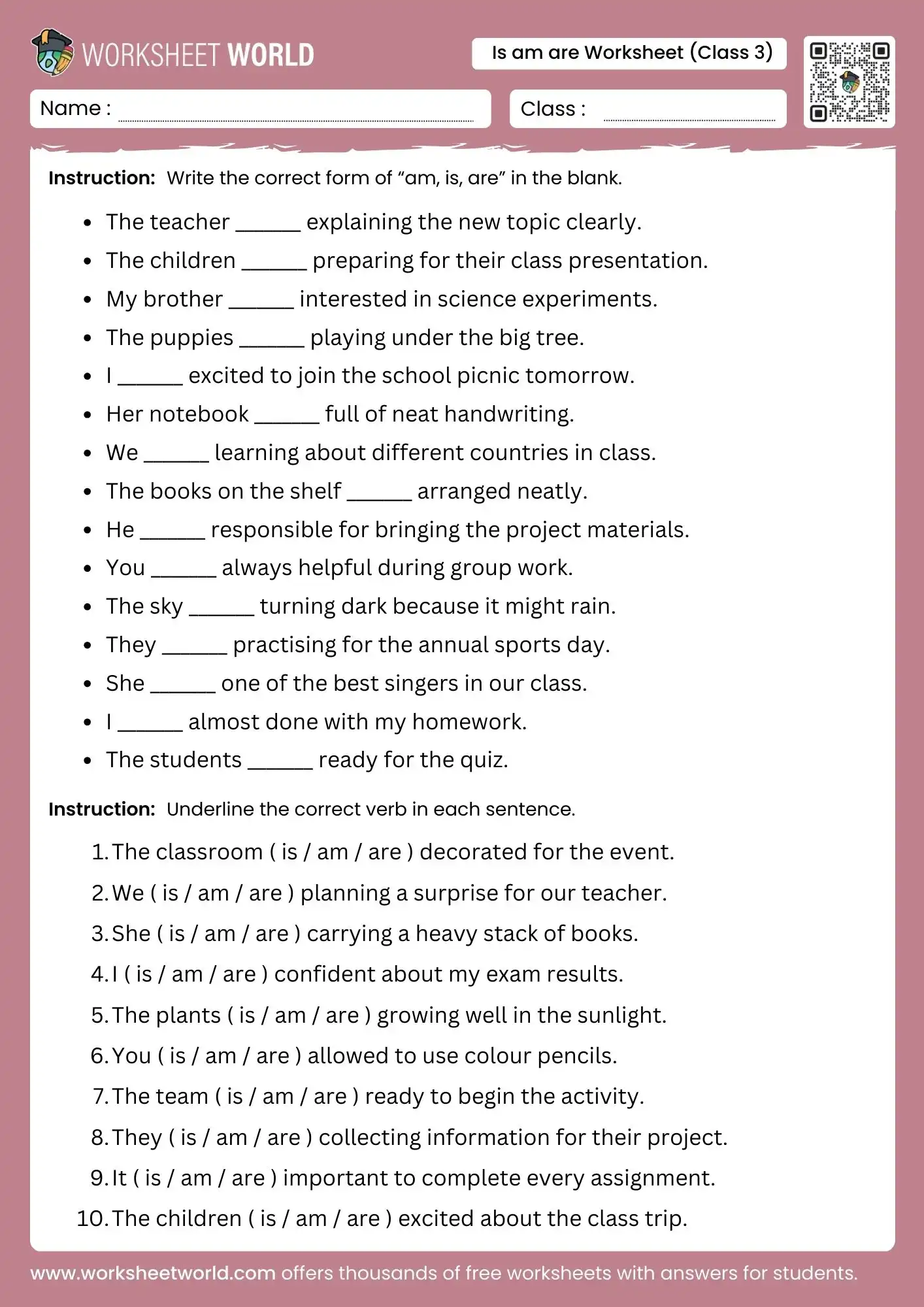 is am are worksheet for class 3 grammar practice pdf