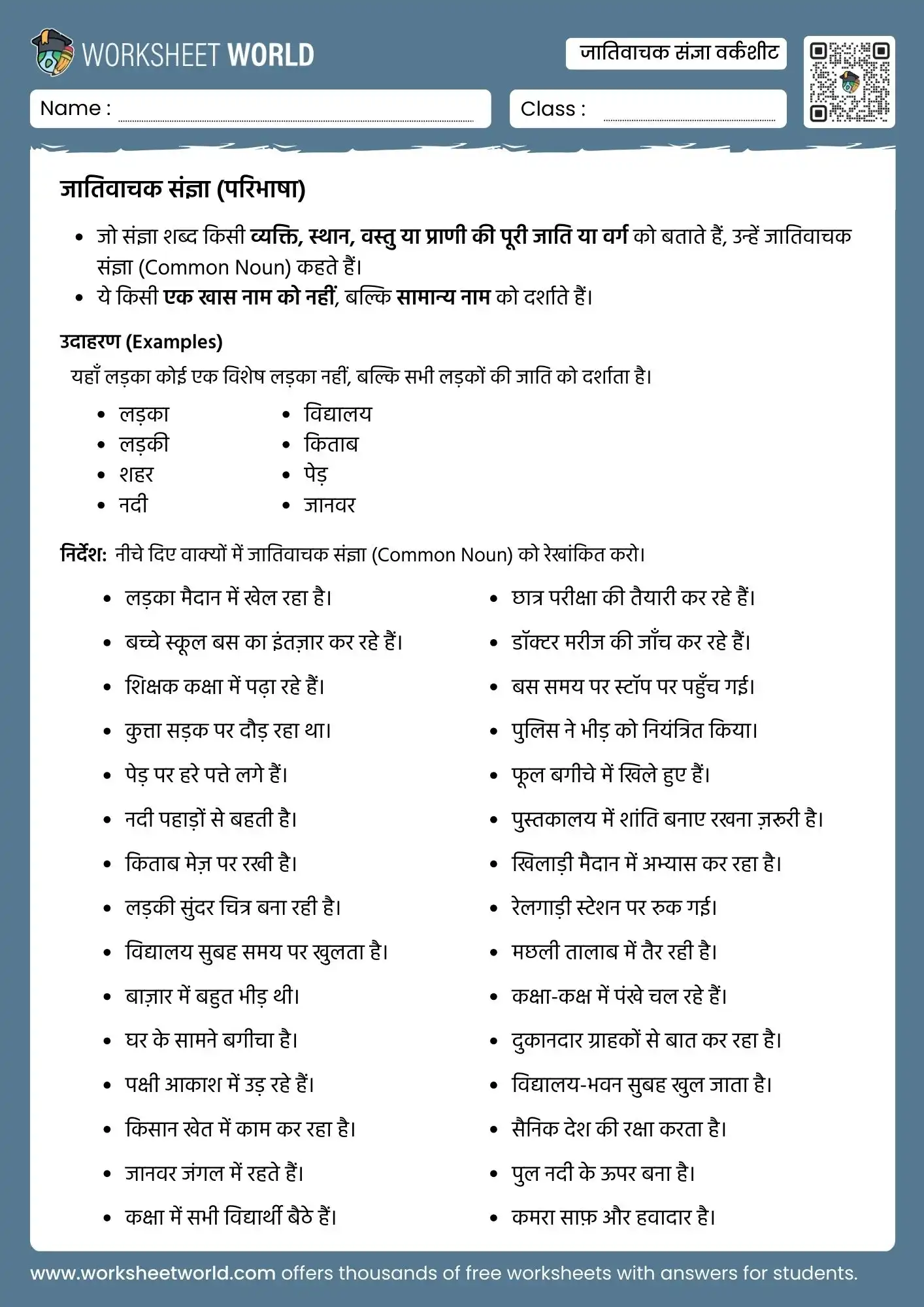 jativachak sangya hindi worksheet class 1 class 2 grammar practice