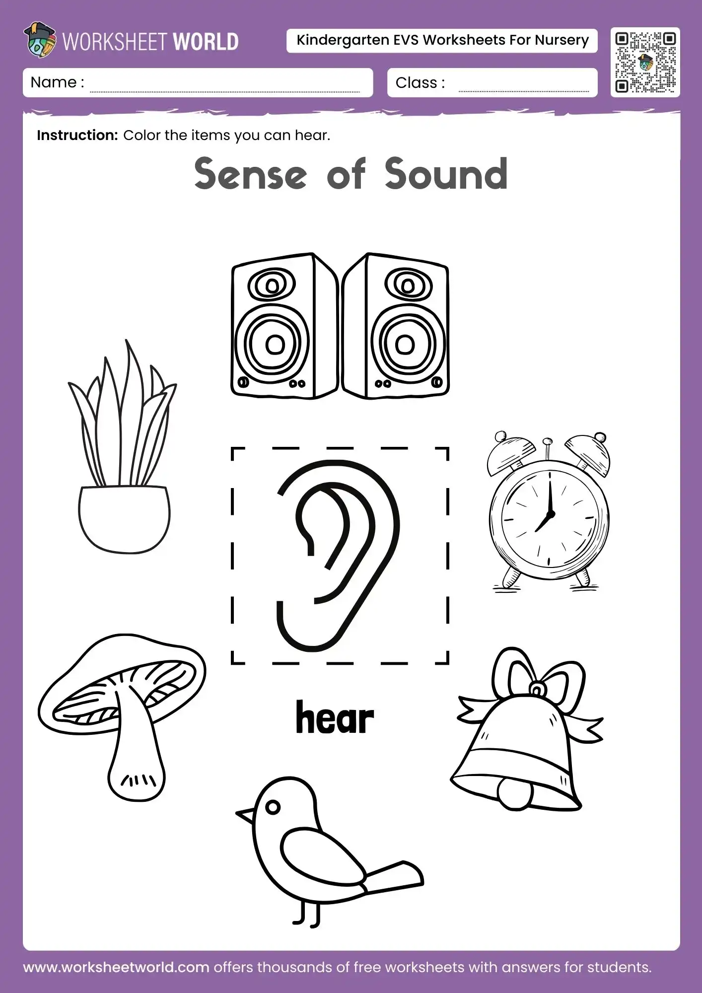 kindergarten evs worksheets for nursery sense of sound colouring activity