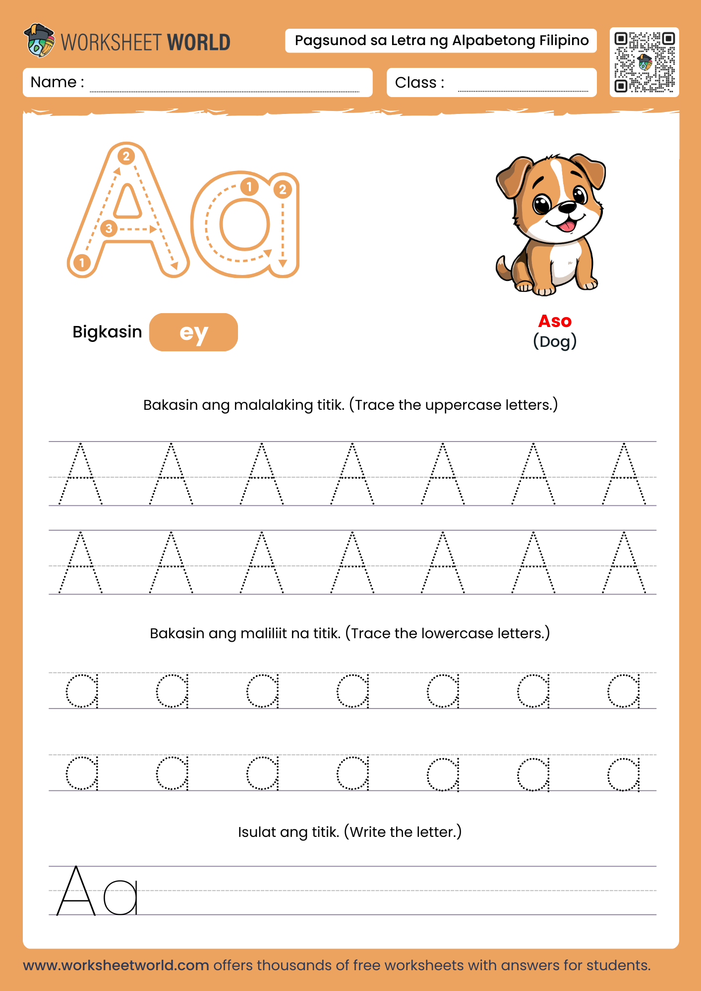 pagbakas ng titik a- letter a filipino alphabet tracing worksheet with dog picture