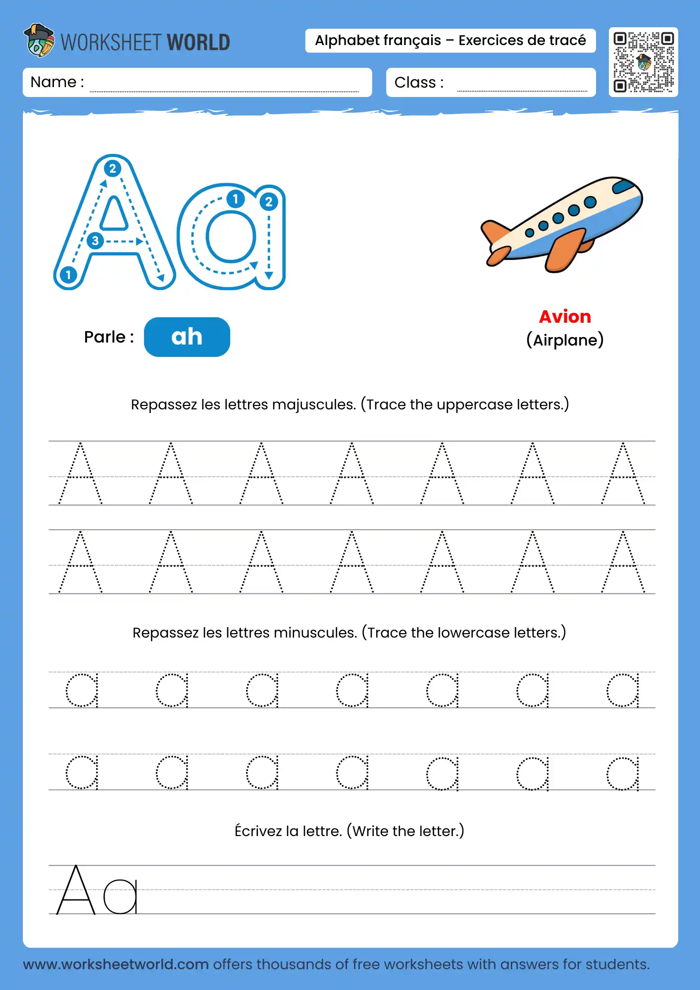 Letter A French Alphabet Tracing Worksheet with airplane picture