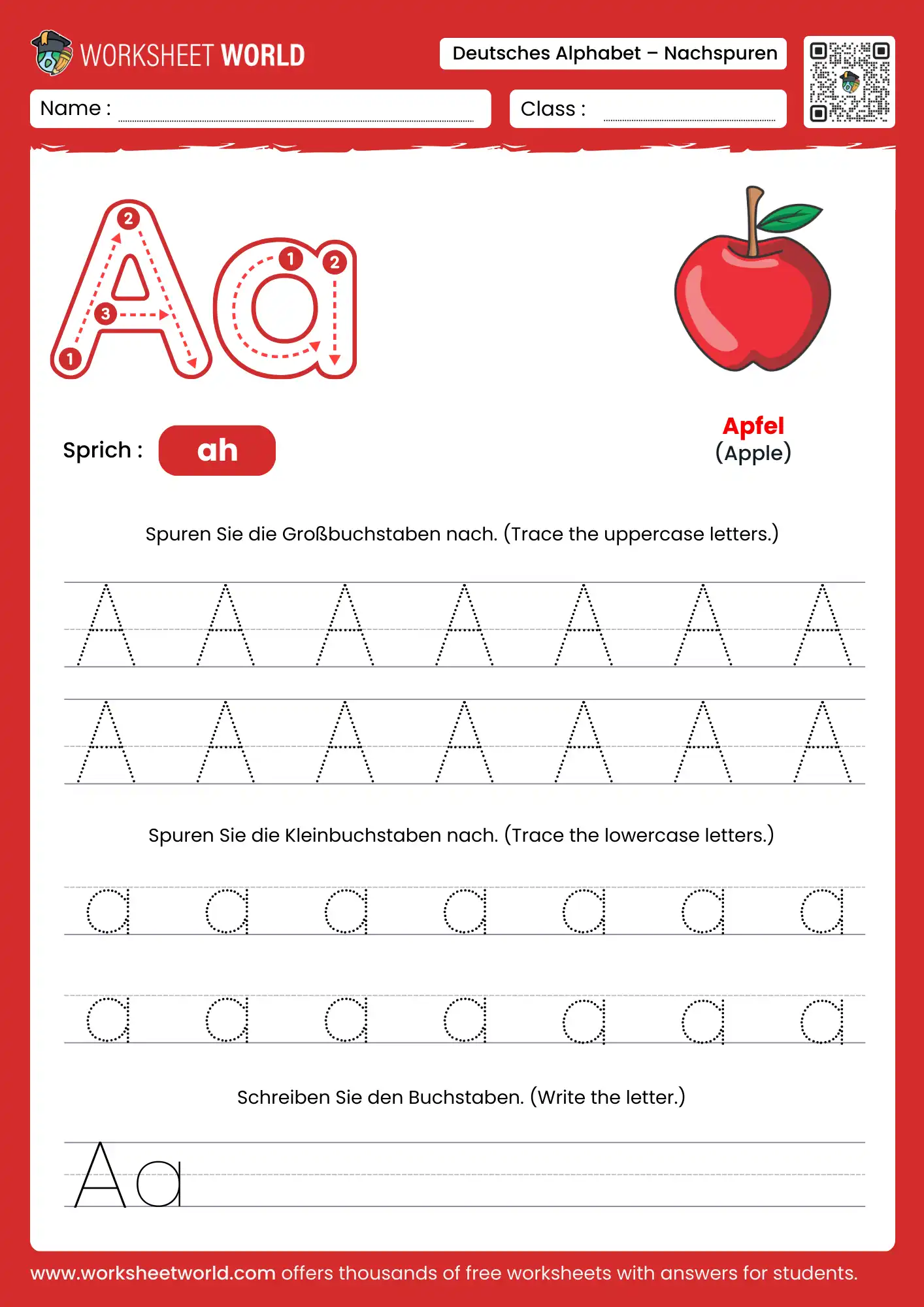 letter a german alphabet tracing worksheet with apple picture