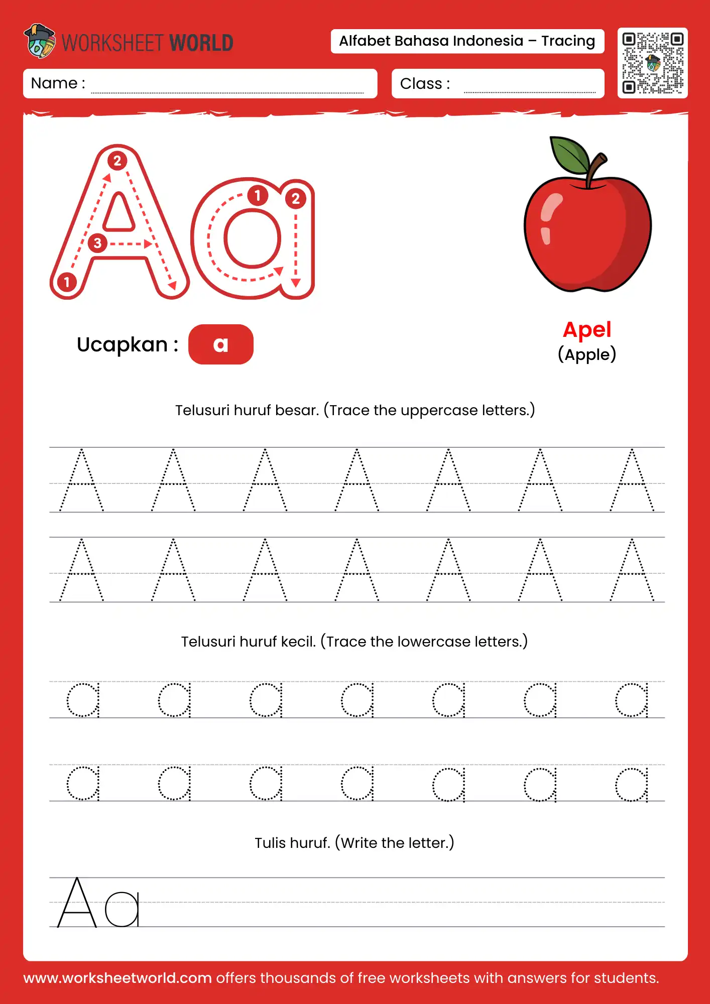 menebalkan abjad huruf a- letter a indonesian alphabet tracing worksheet with apple picture