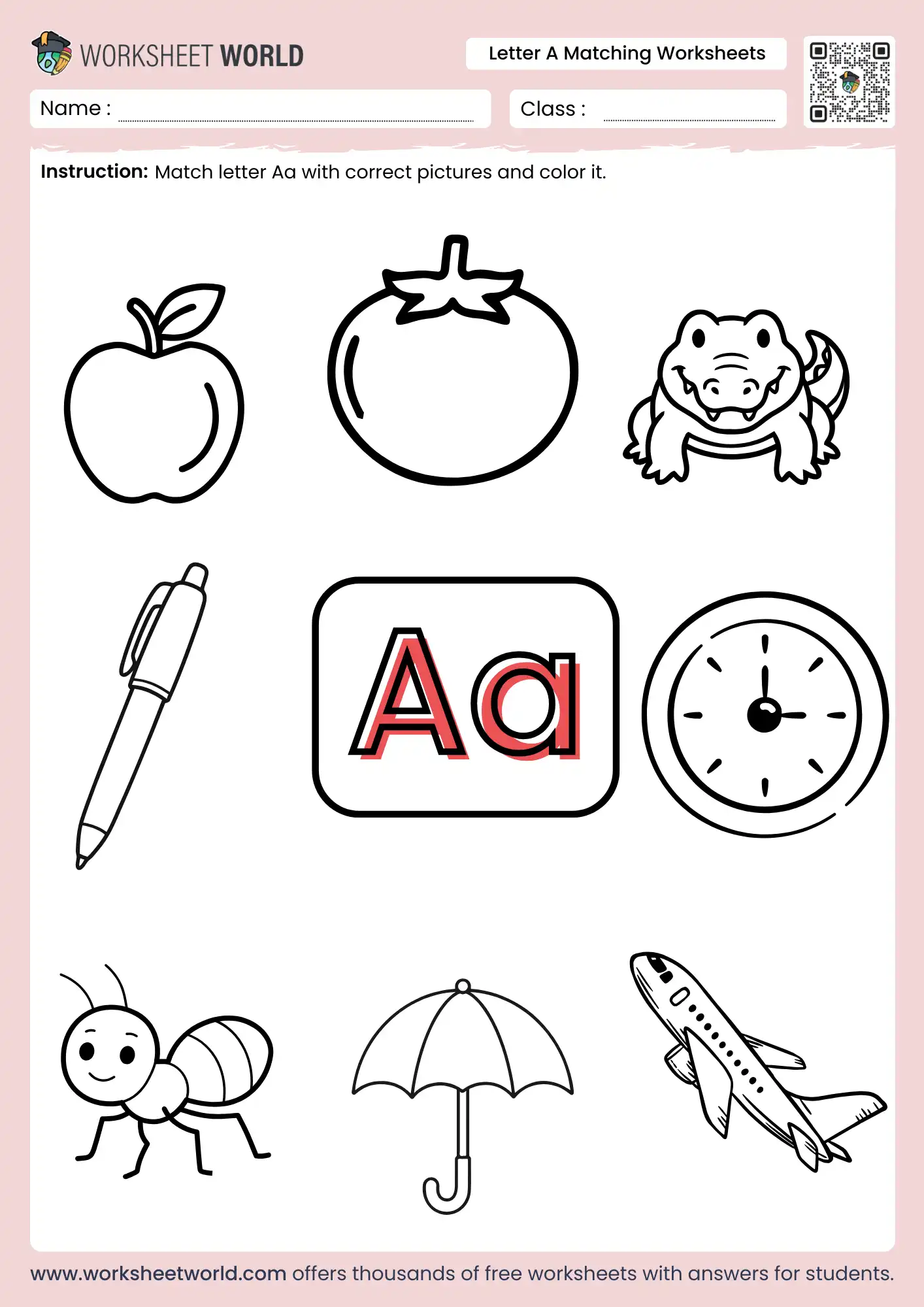letter a matching worksheets with apple alligator and ant images