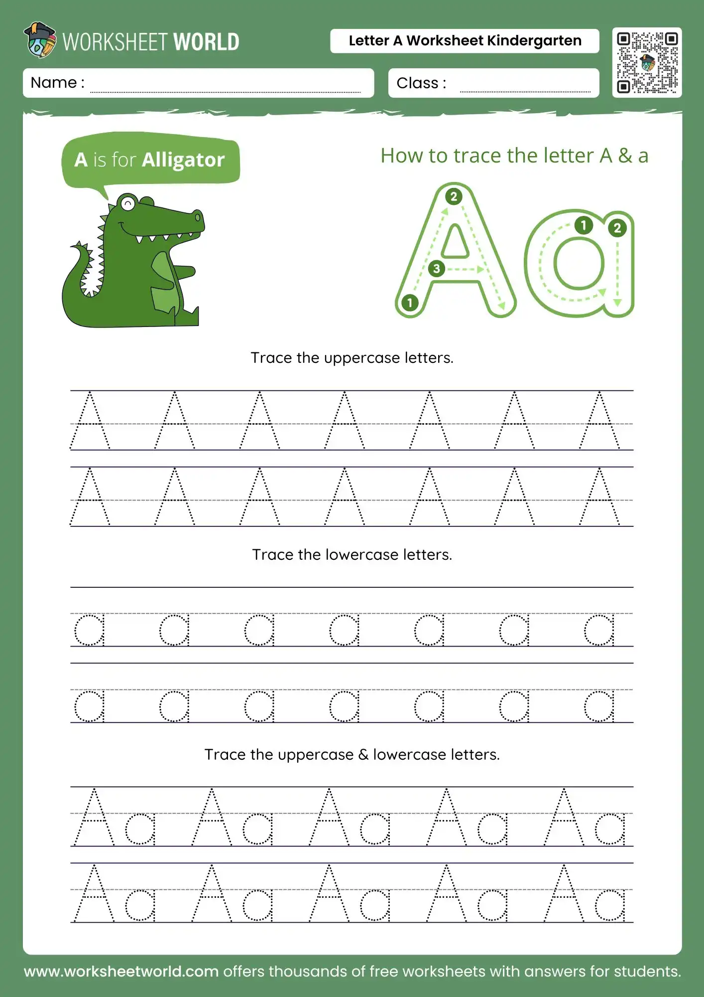 letter-a-worksheet-for-kindergarten letter a worksheet for kindergarten featuring alligator tracing