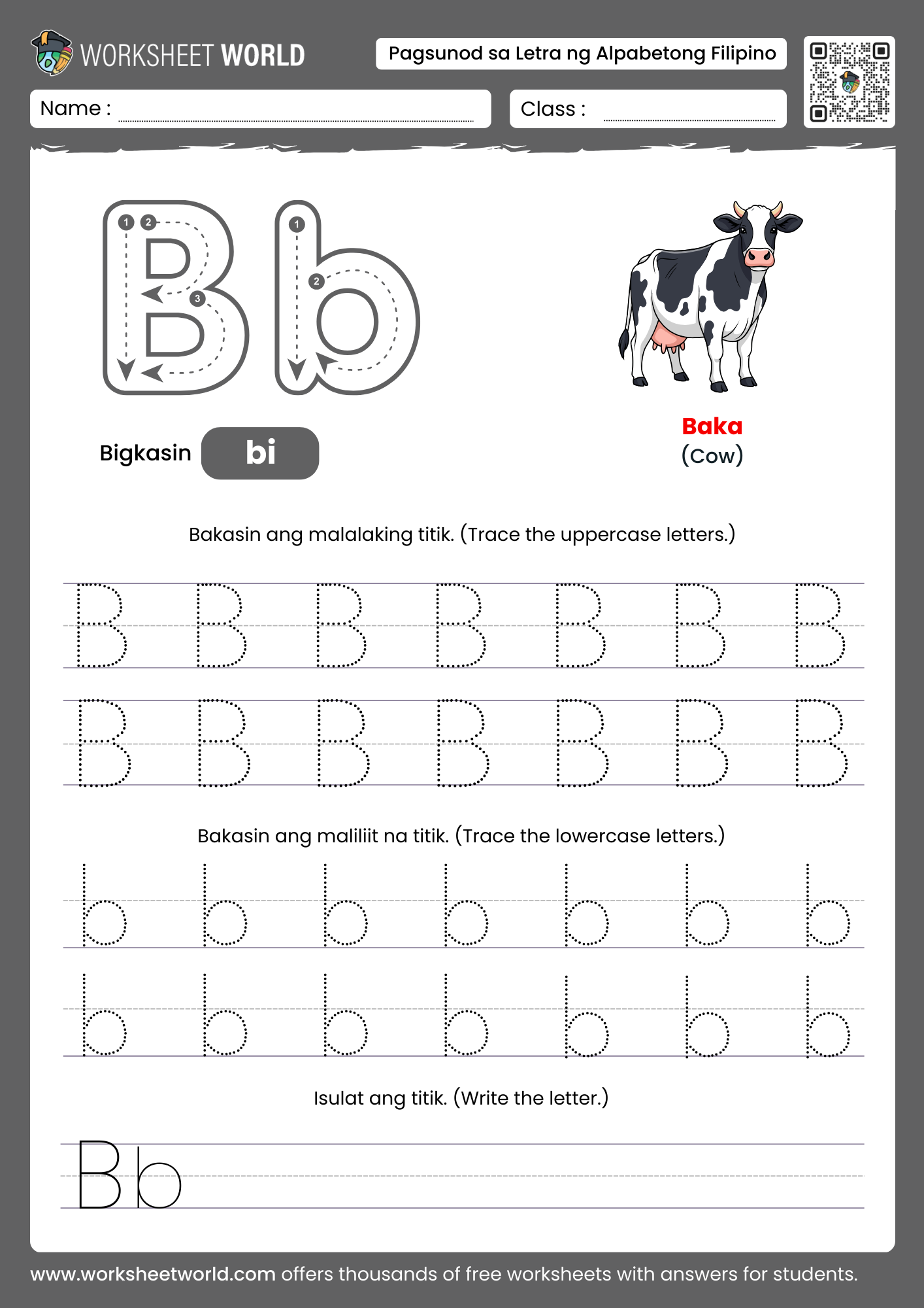 pagbakas ng titik b- letter b filipino alphabet tracing worksheet with cow picture
