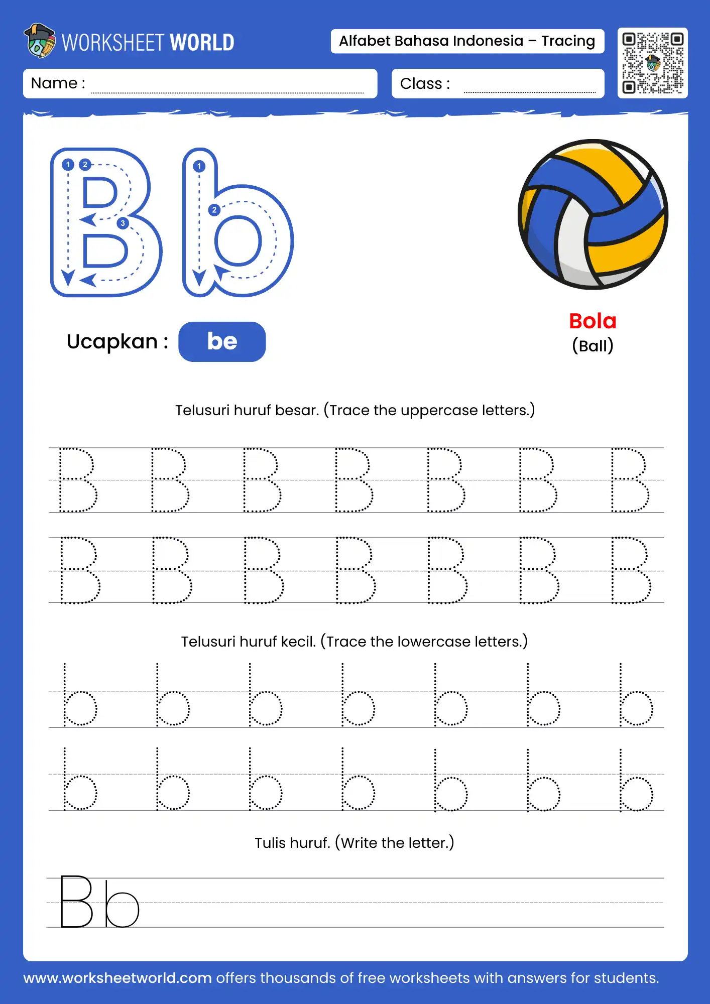menebalkan abjad huruf b- letter b indonesian alphabet tracing worksheet with book picture