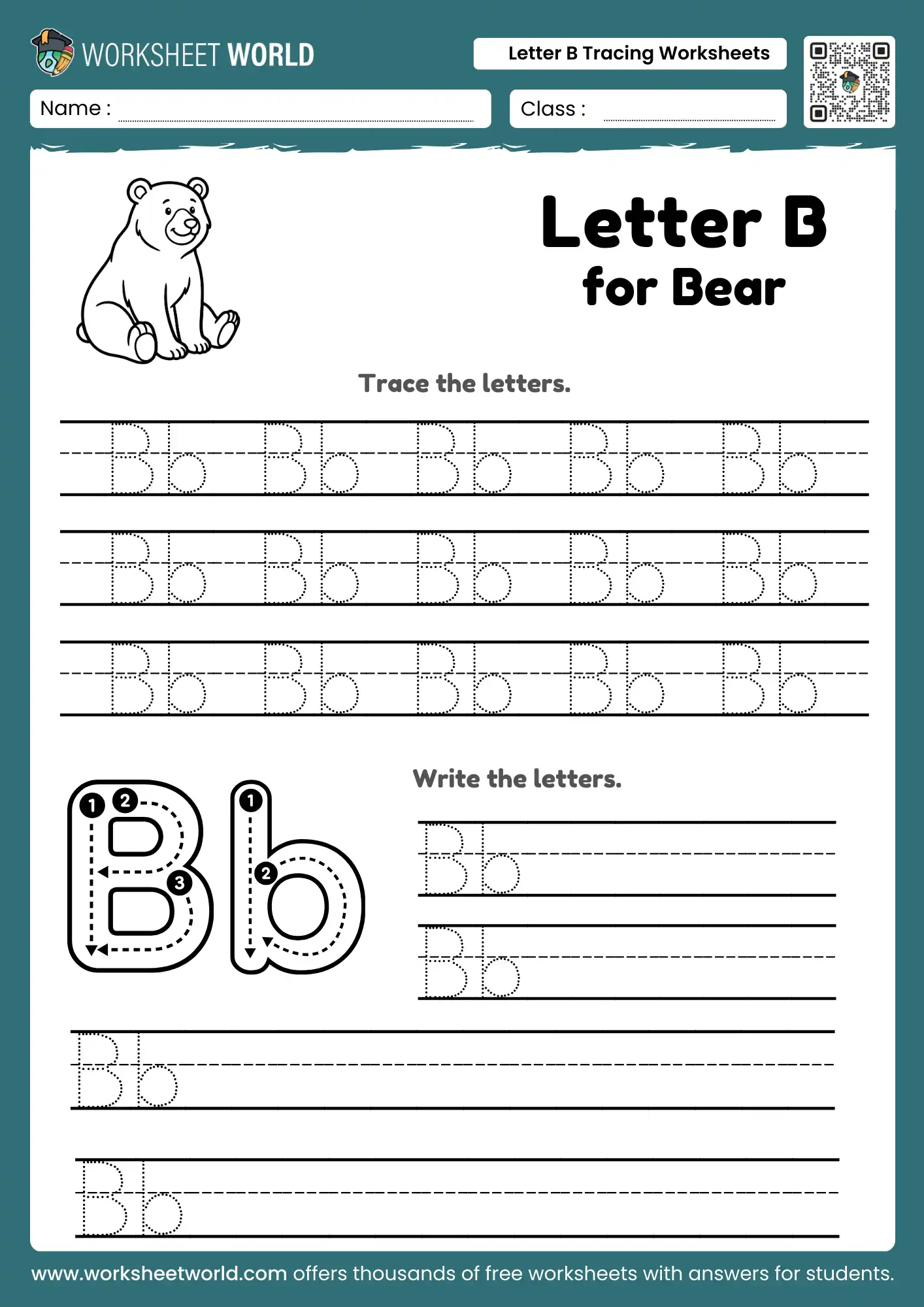 letter-b-tracing-worksheets-page-1 letter b tracing worksheets for preschool featuring bear illustration and handwriting rows