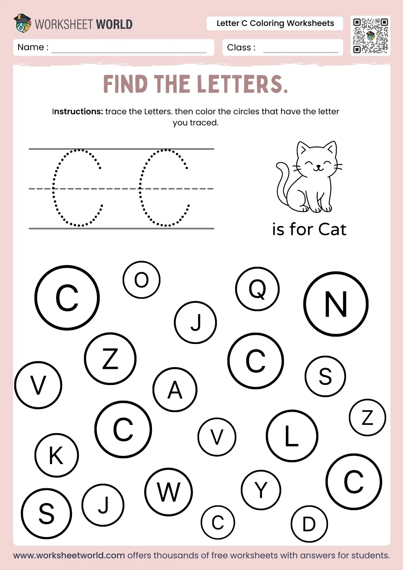 letter-c-coloring-worksheets-page-1 letter c coloring worksheets with cat illustration and circle find the letter game for kids