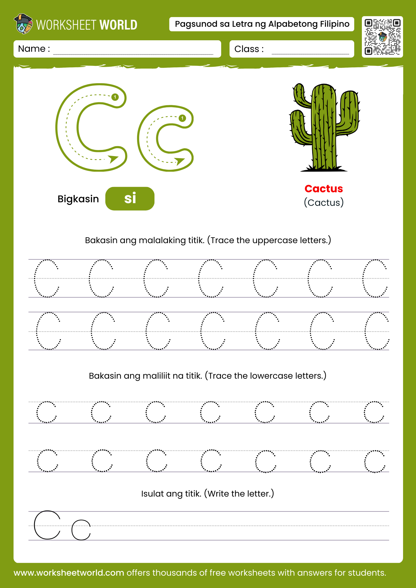 pagbakas ng titik c- letter c filipino alphabet tracing worksheet with cactus picture