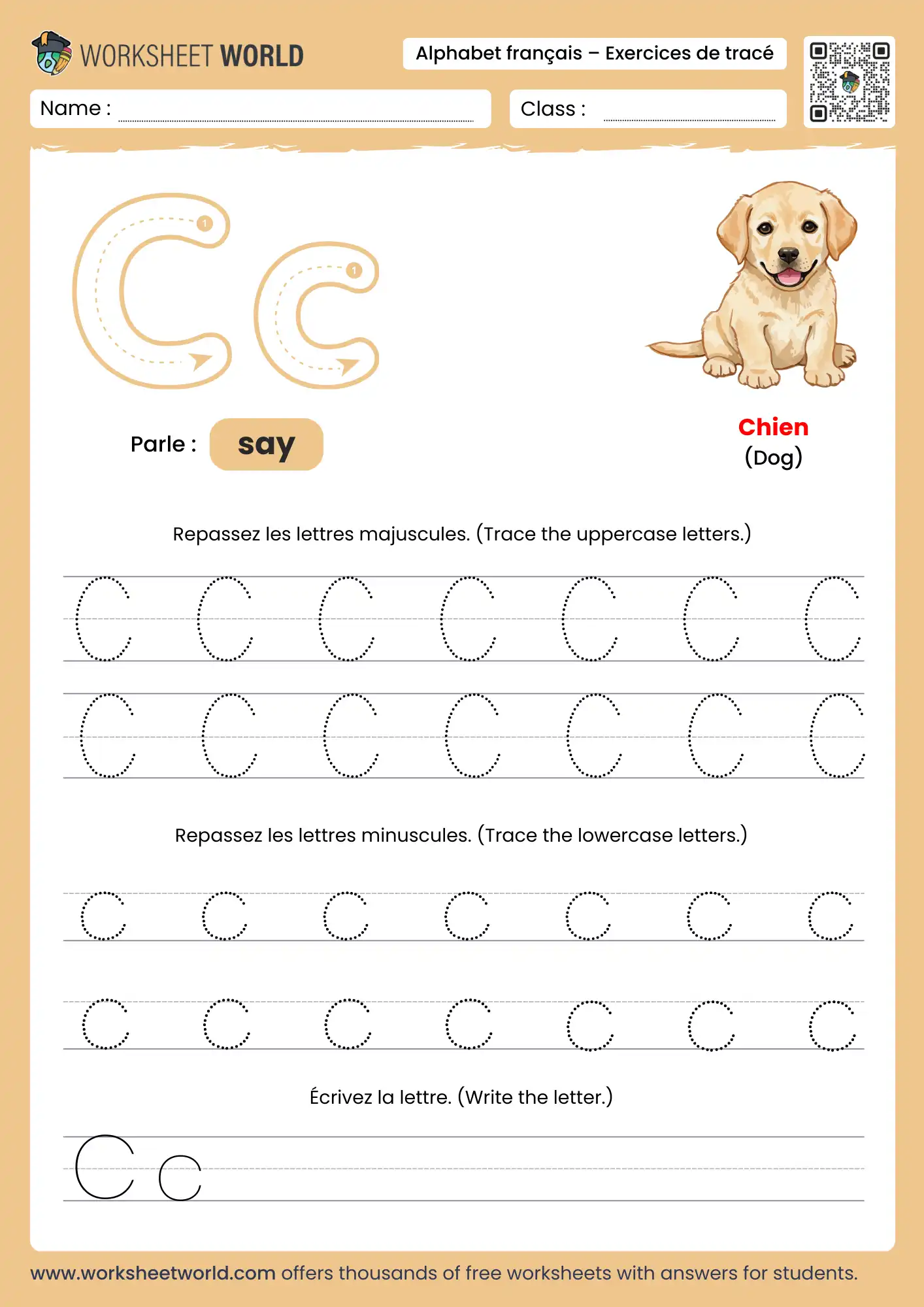 Letter C French Alphabet Tracing Worksheet with dog picture