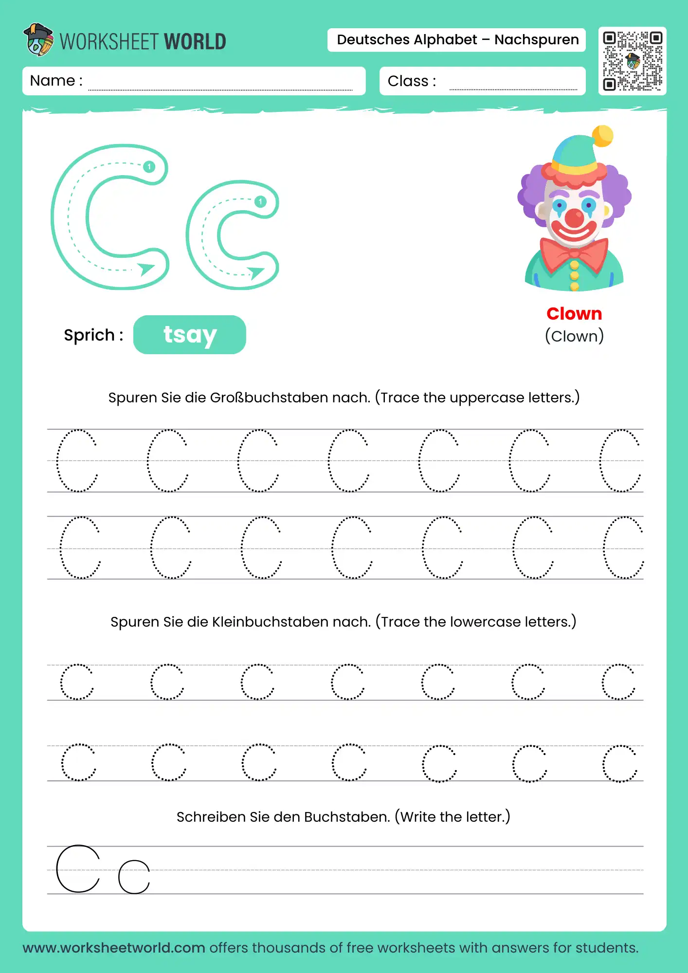 letter c german alphabet tracing worksheet with clown picture