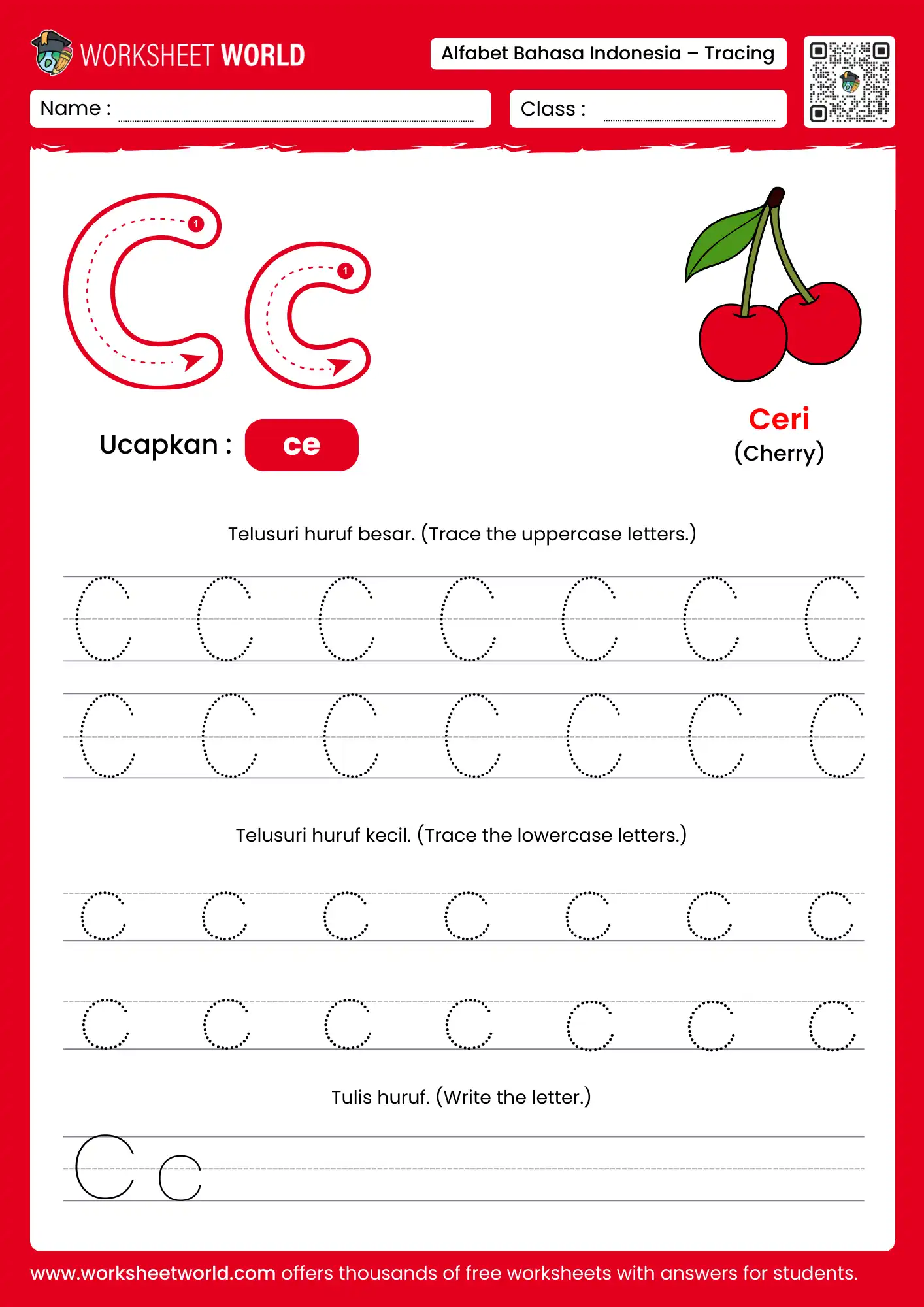 menebalkan abjad huruf c- letter c indonesian alphabet tracing worksheet with lizard picture