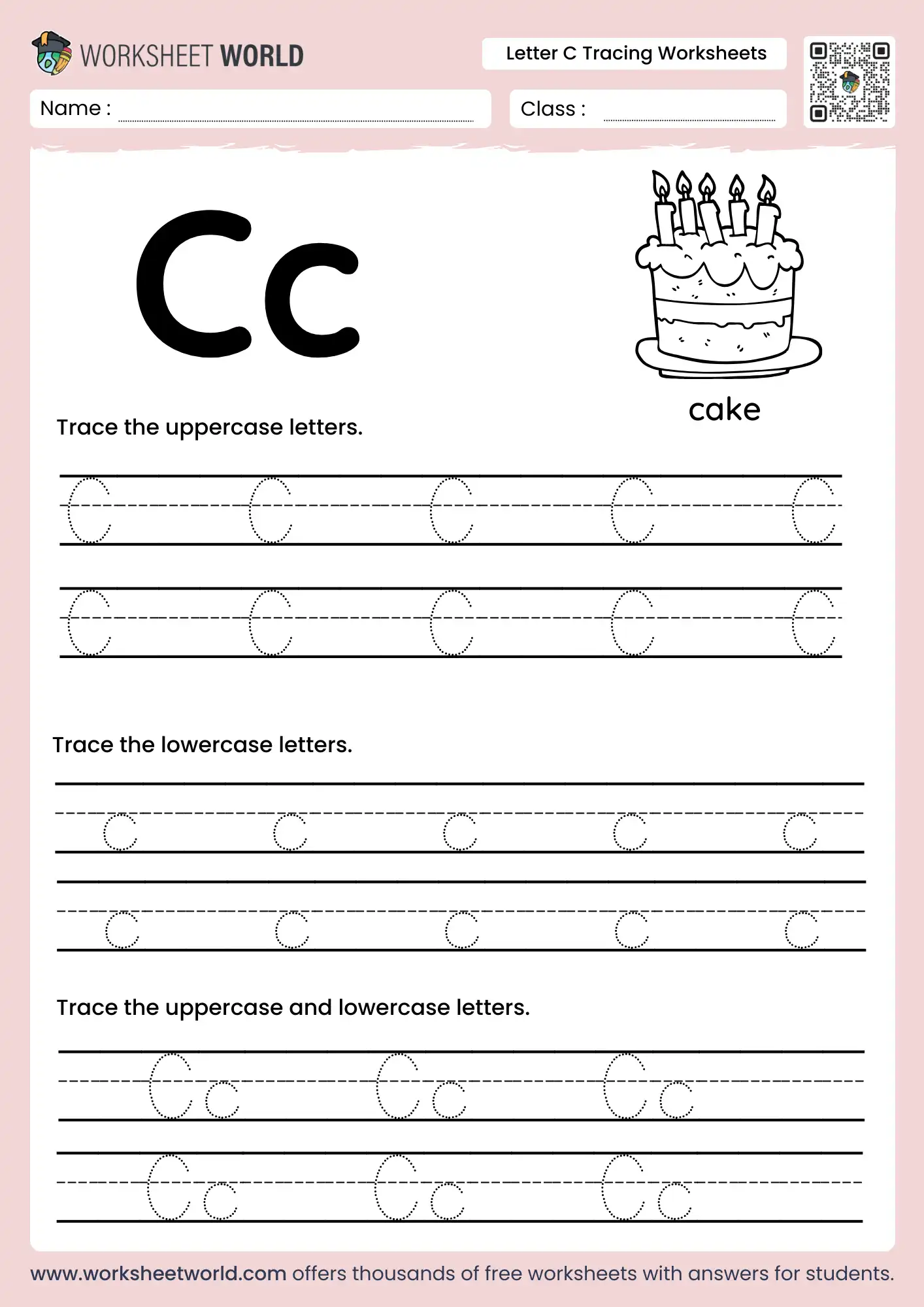 letter c tracing worksheets featuring cake illustration and uppercase lowercase rows for preschool