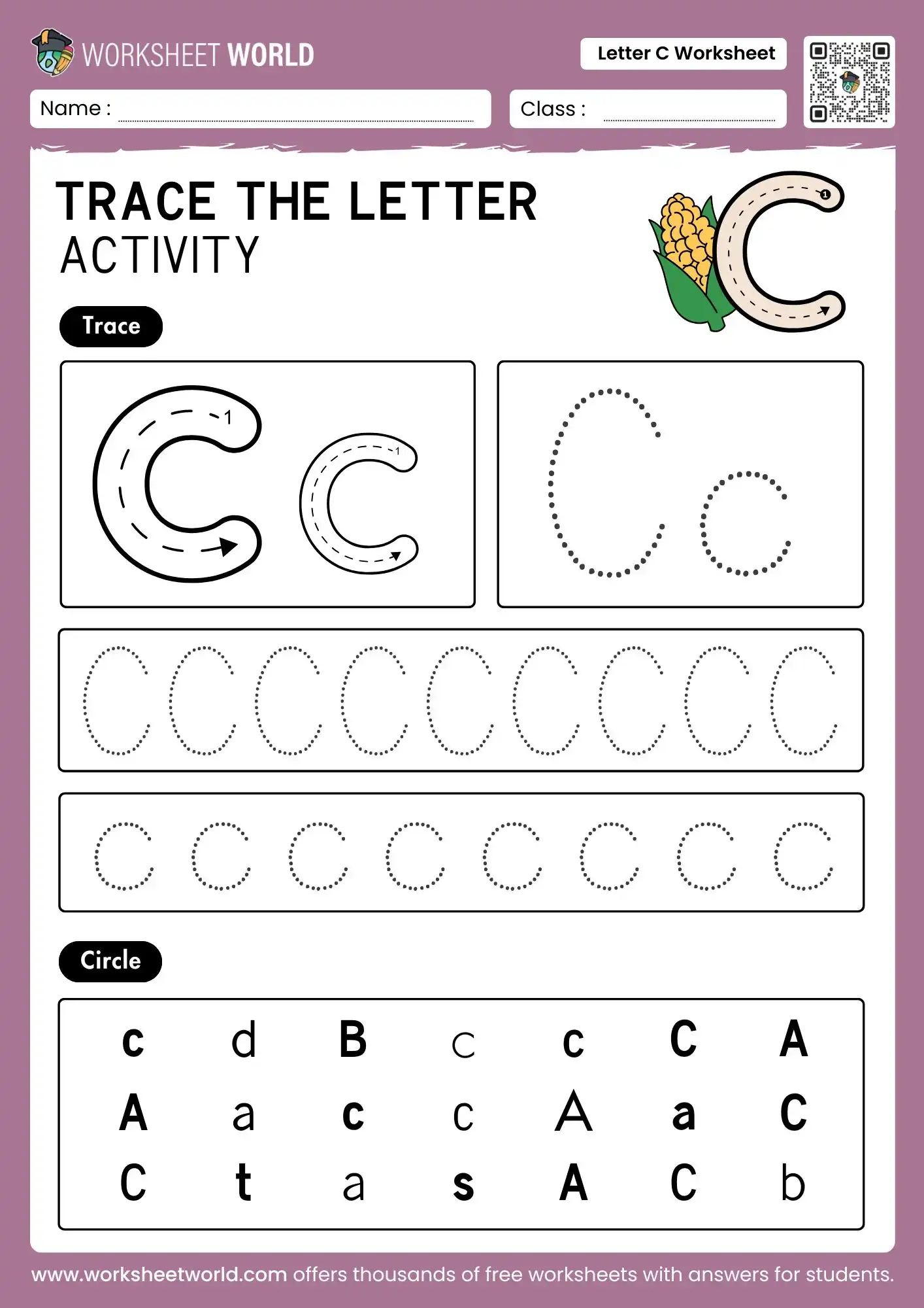 letter-c-worksheet letter c worksheet for preschool and kindergarten featuring corn illustration and tracing blocks