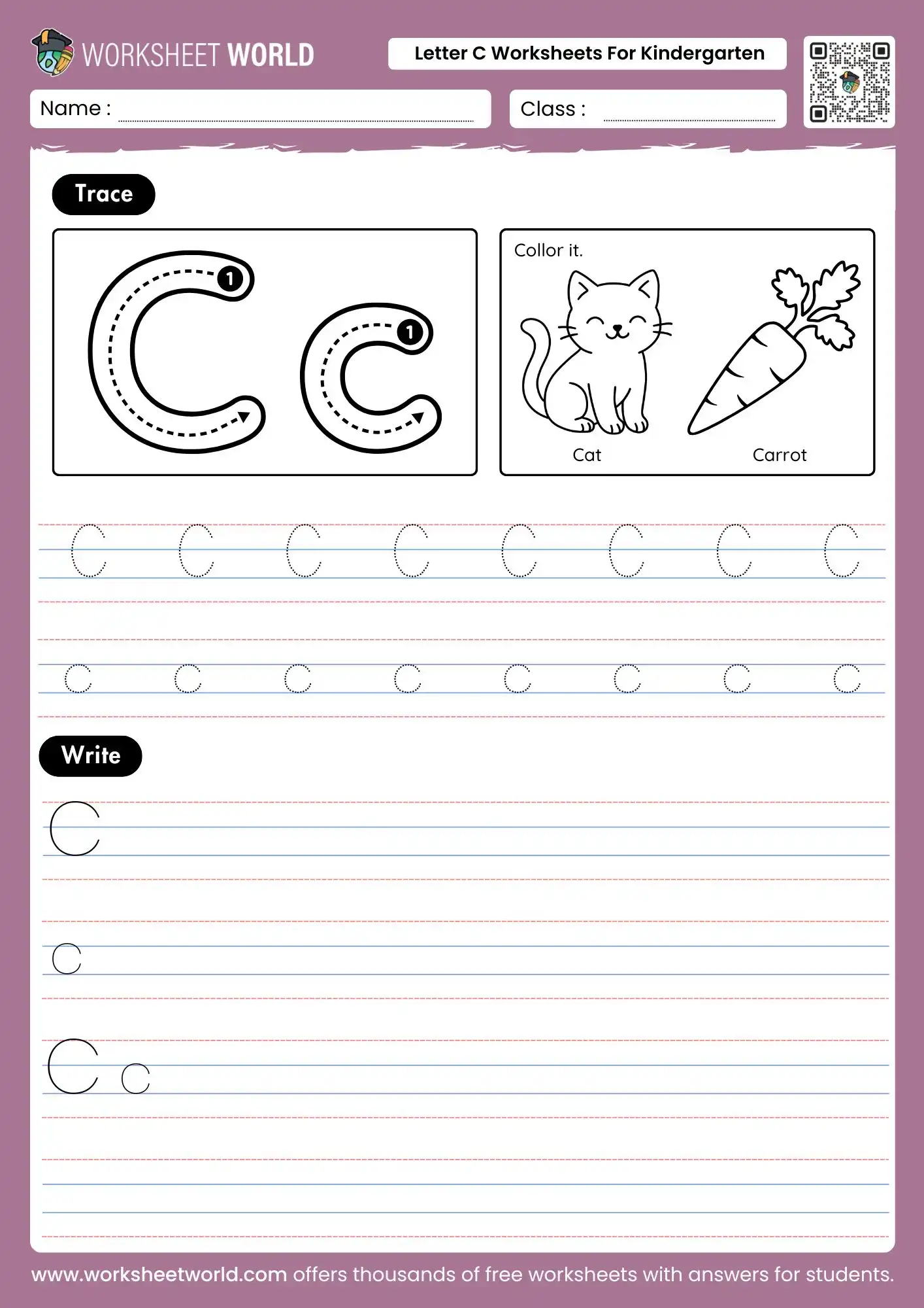 letter-c-worksheets-for-kindergarten-page-1 letter c worksheets for kindergarten featuring cat and carrot illustrations with tracing and writing lines