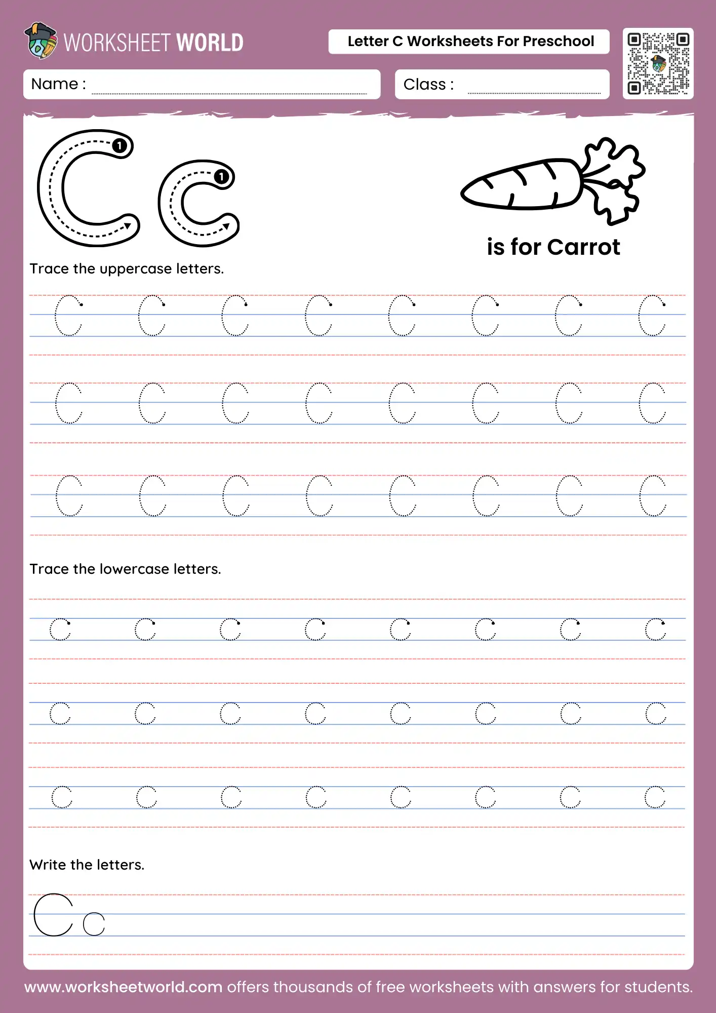 letter-c-worksheets-for-preschool-page-1 letter c worksheets for preschool featuring carrot illustration and uppercase lowercase tracing lines