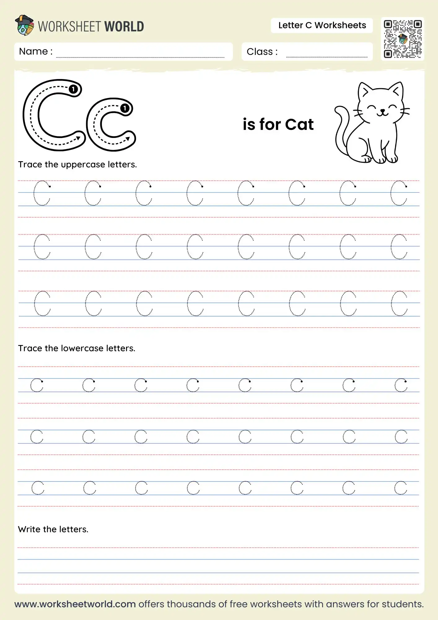 letter-c-worksheets-page-1 letter c worksheets featuring cat illustration and tracing rows for preschool students