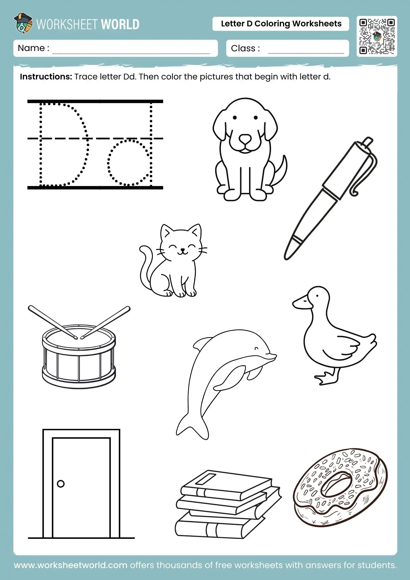 letter d coloring worksheets featuring a dog duck dolphin and drum for kindergarten students