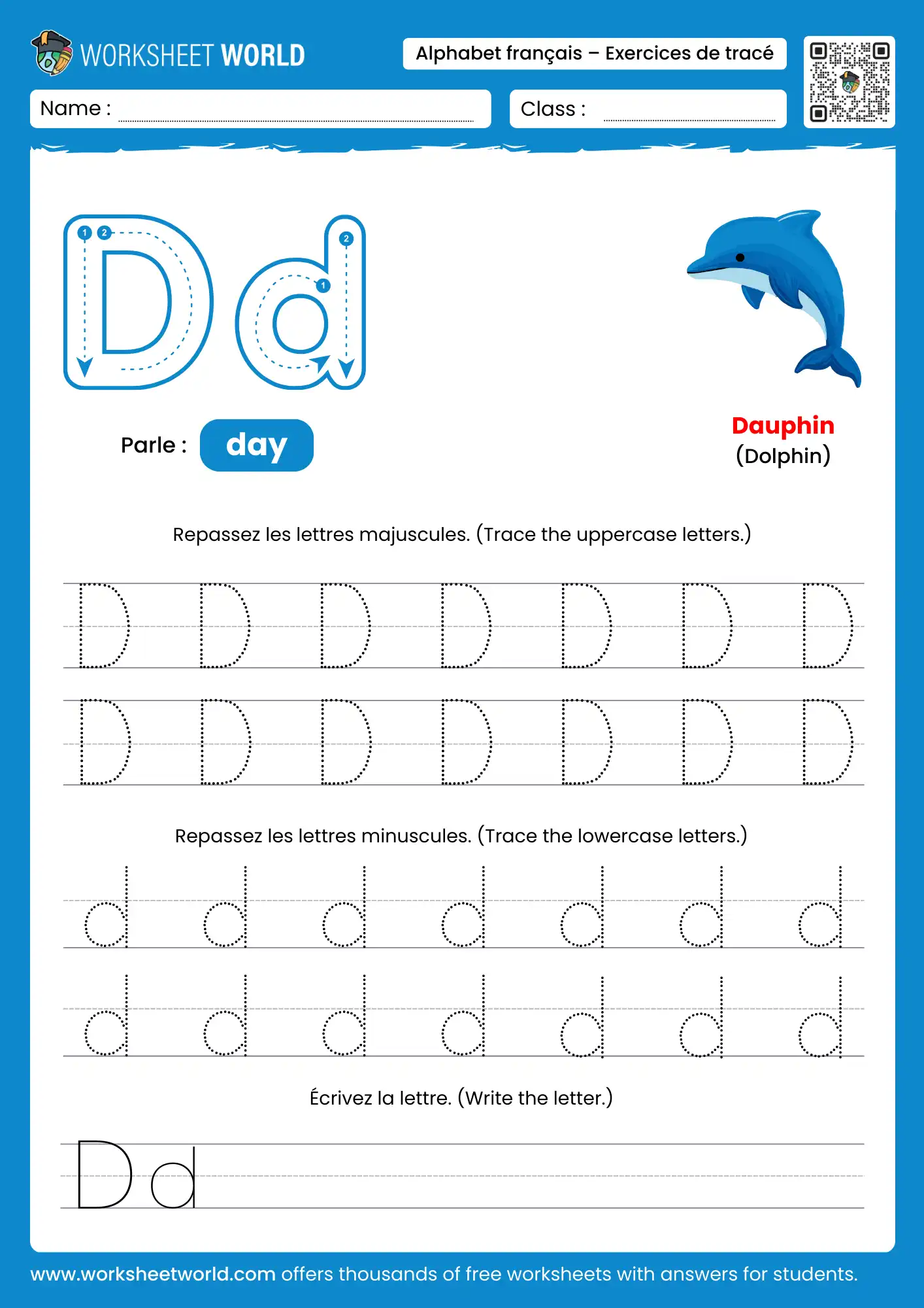 Letter D French Alphabet Tracing Worksheet with dolphin picture