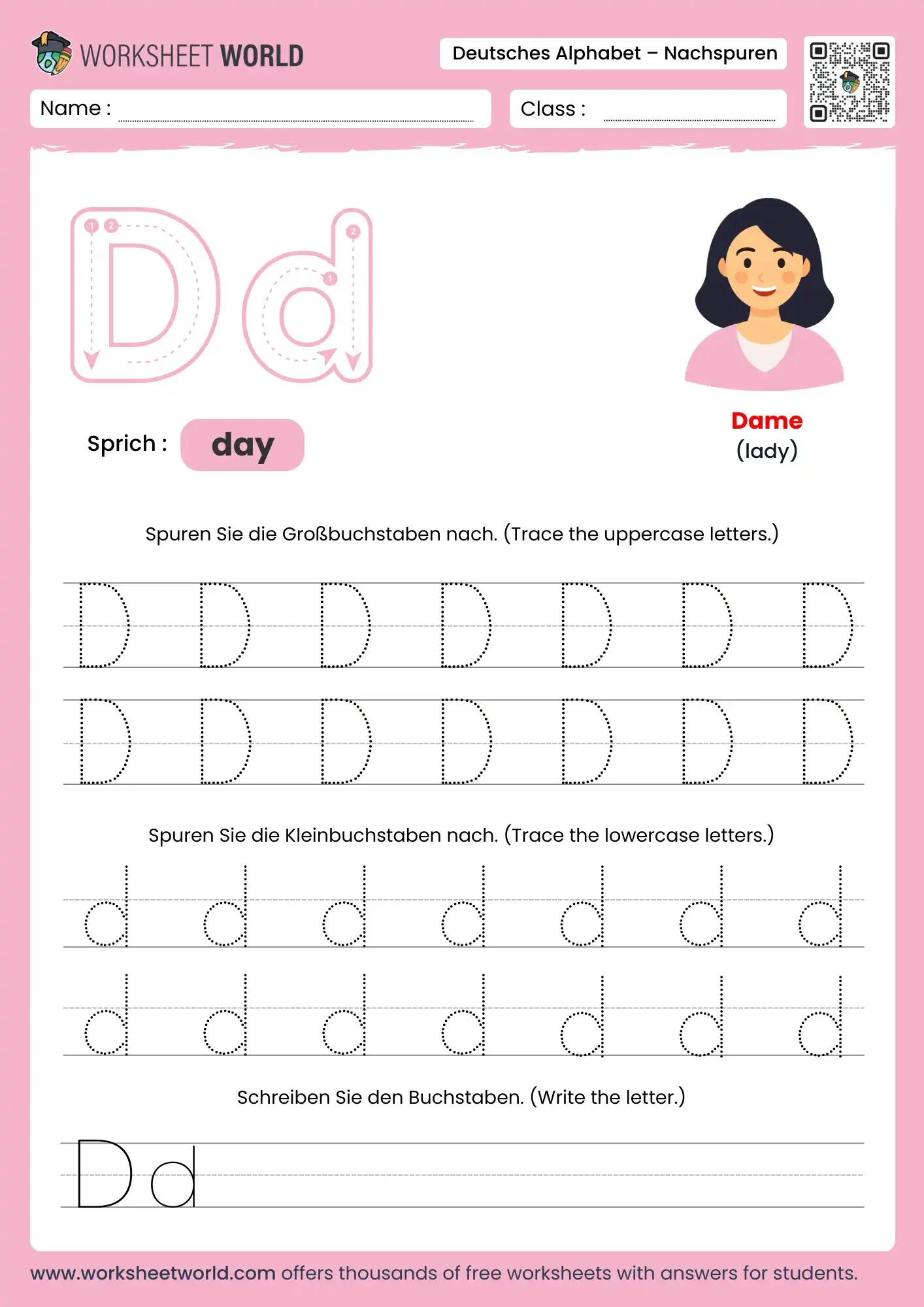 letter d german alphabet tracing worksheet with lady picture