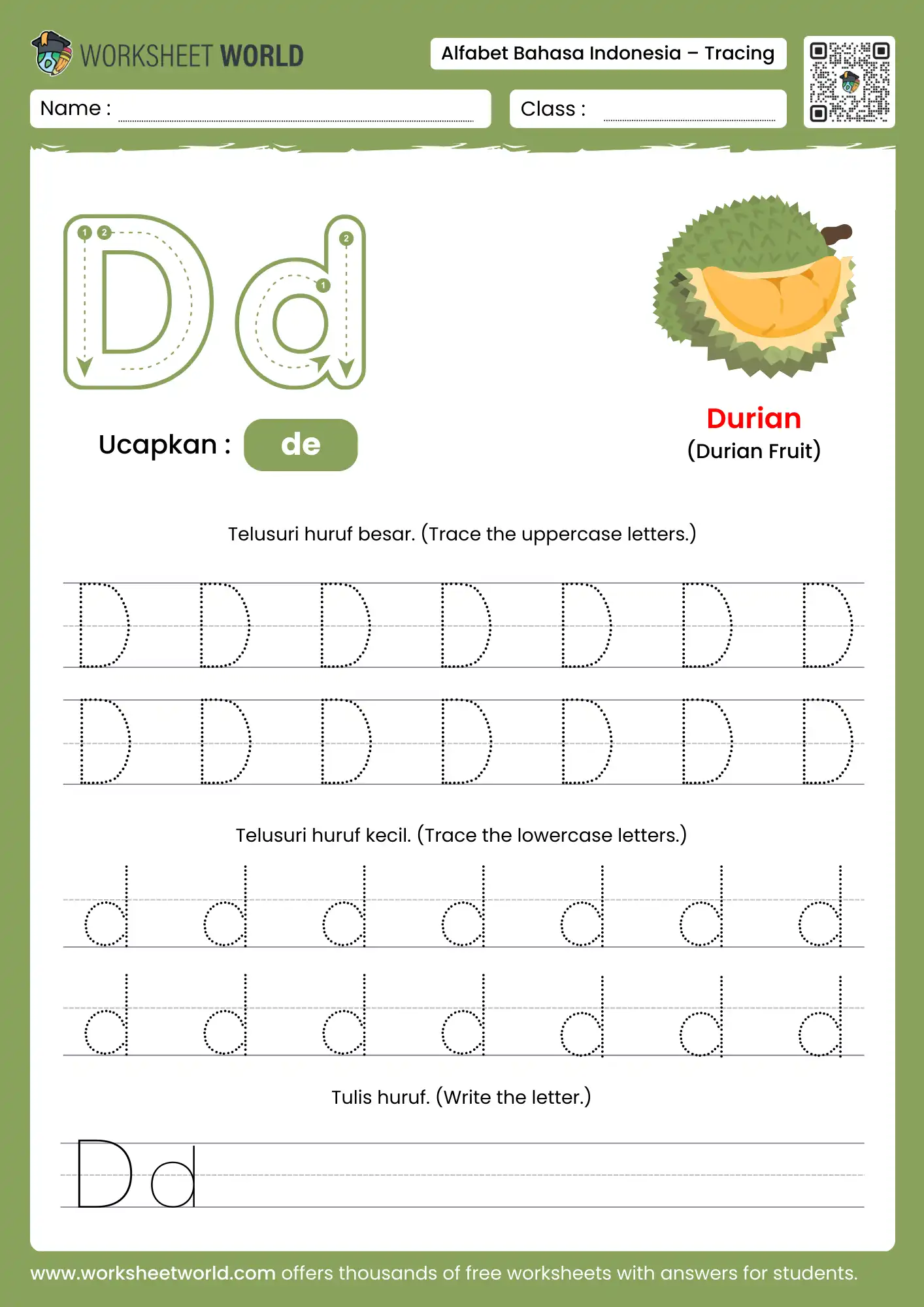 menebalkan abjad huruf d- letter d indonesian alphabet tracing worksheet with sheep picture