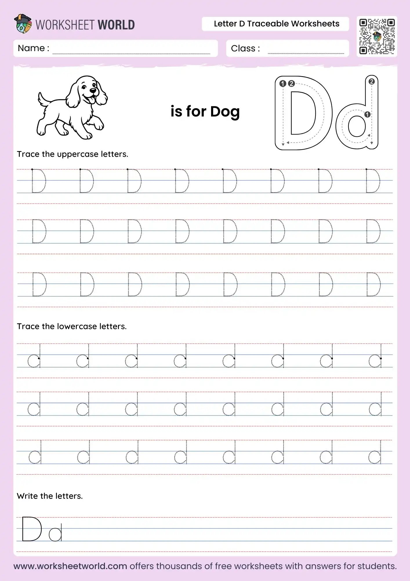 letter-d-traceable-worksheets-page-1 letter d traceable worksheets featuring a dog illustration and uppercase lowercase tracing lines