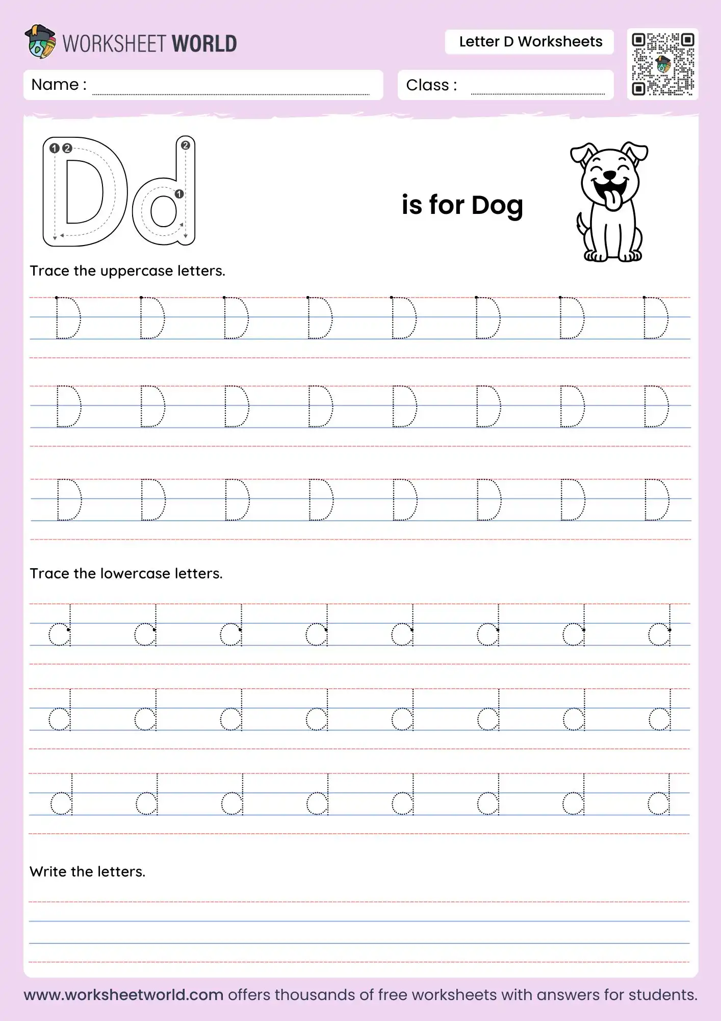 letter-d-worksheets-page-1 letter d worksheets featuring a dog illustration and multiple tracing rows for kindergarten students