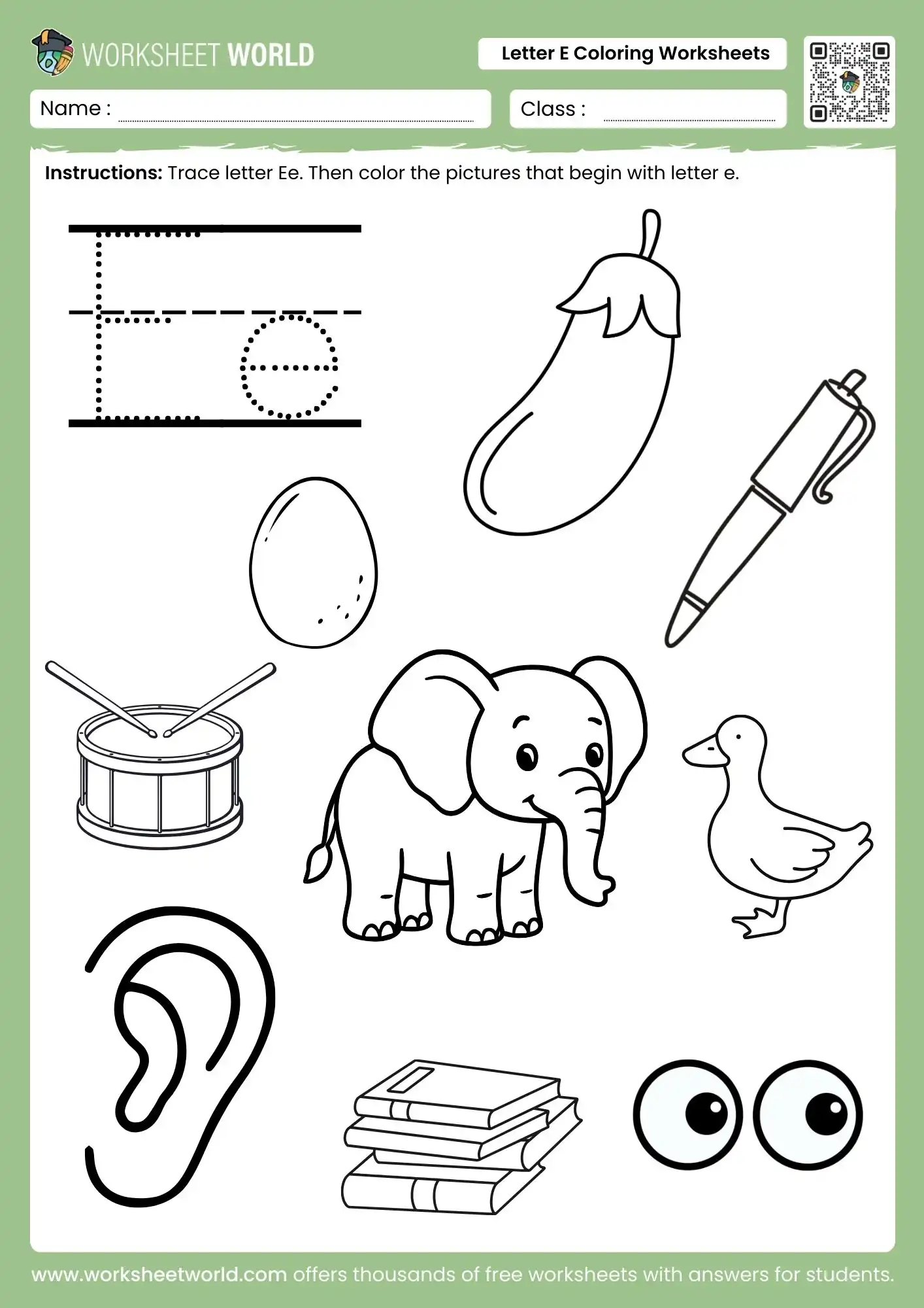 letter-e-coloring-worksheets-page-1 letter e coloring worksheets featuring an elephant egg eggplant and ear for kindergarten students
