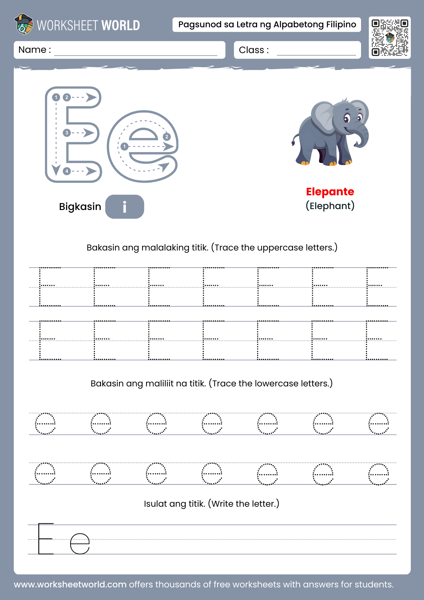 pagbakas ng titik e- letter e filipino alphabet tracing worksheet with elephant picture