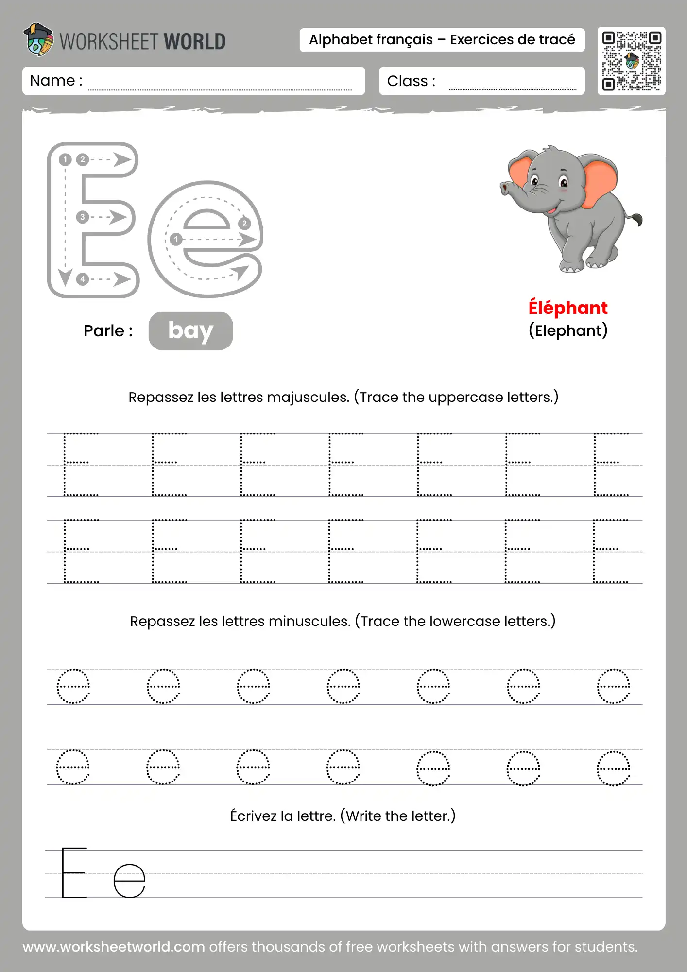 Letter E French Alphabet Tracing Worksheet with elephant picture
