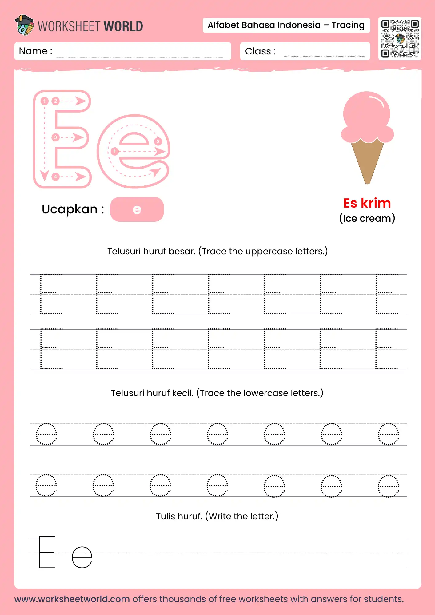 menebalkan abjad huruf e- letter e indonesian alphabet tracing worksheet with ice cream picture