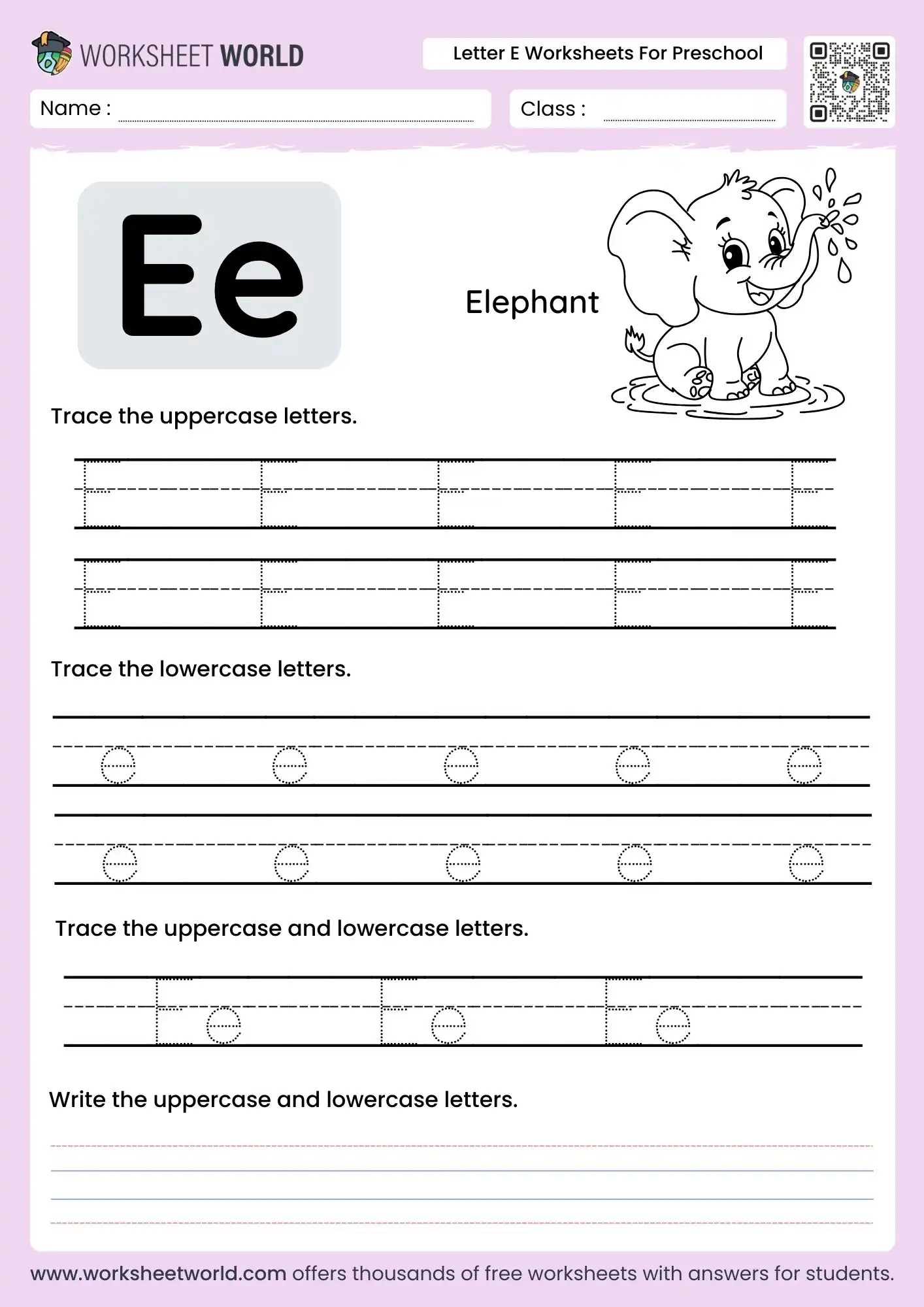 letter e worksheets for preschool with elephant drawing and uppercase lowercase tracing rows