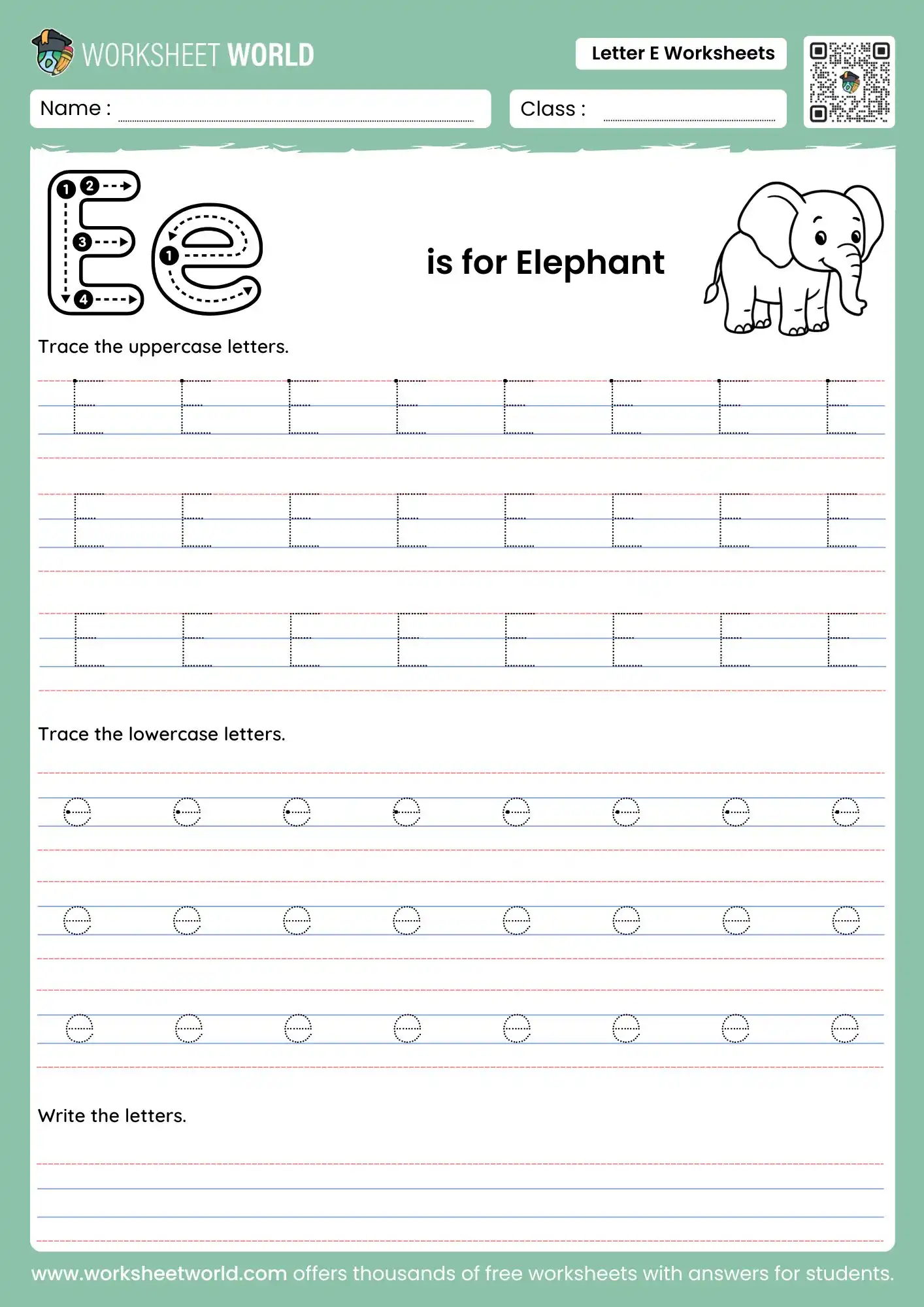 letter e worksheets featuring an elephant and structured tracing lines for preschool students