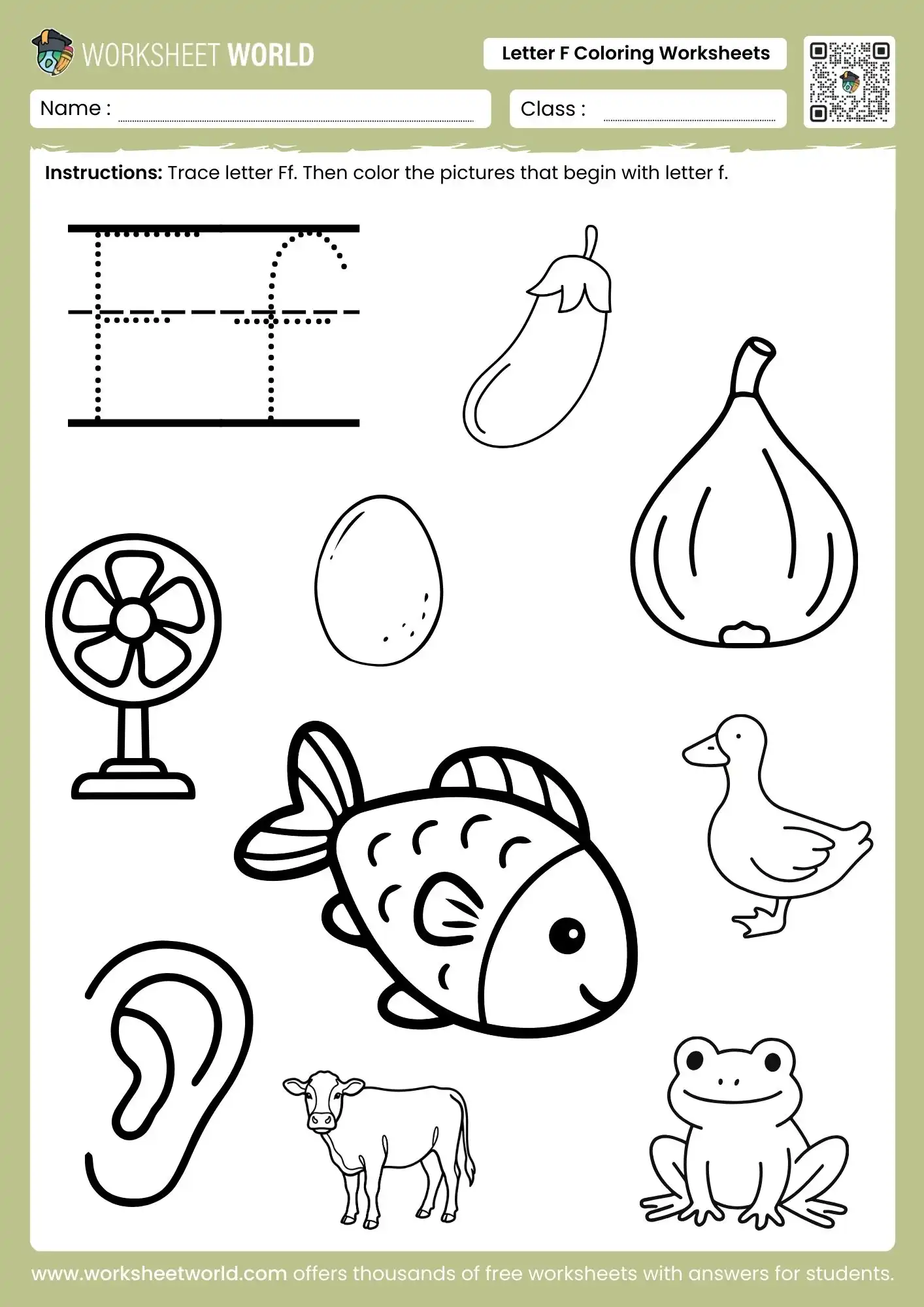 letter-f-coloring-worksheets-page-1 letter f coloring worksheets featuring a fan fish frog and fig for kindergarten students