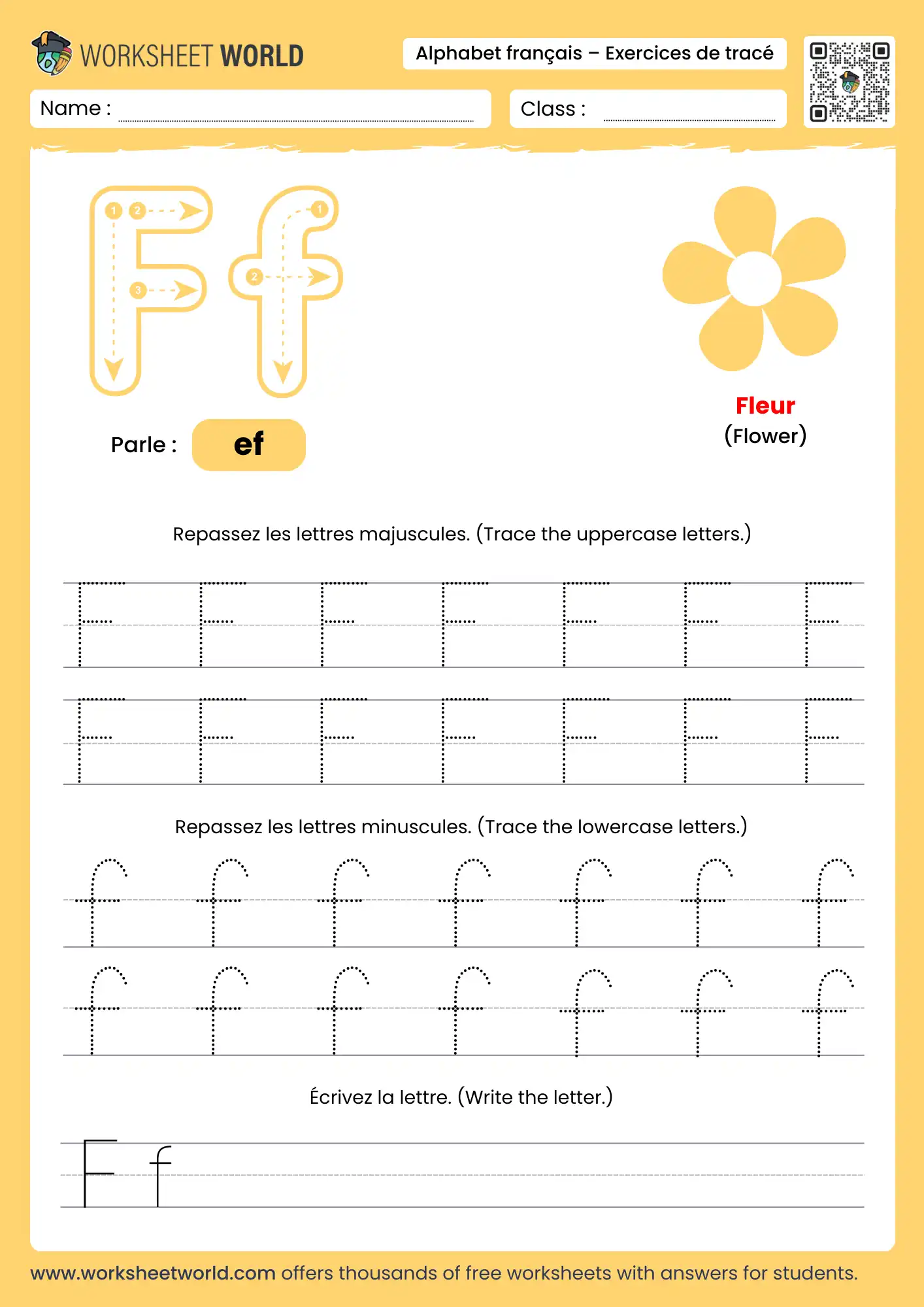 Letter F French Alphabet Tracing Worksheet with flower picture