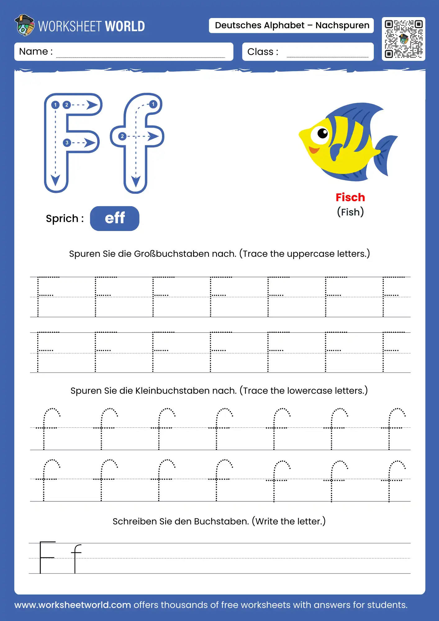 letter f german alphabet tracing worksheet with fish picture