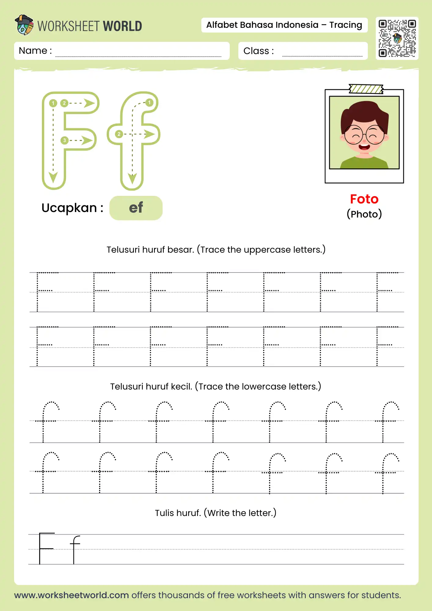 menebalkan abjad huruf f- letter f indonesian alphabet tracing worksheet with ferry picture