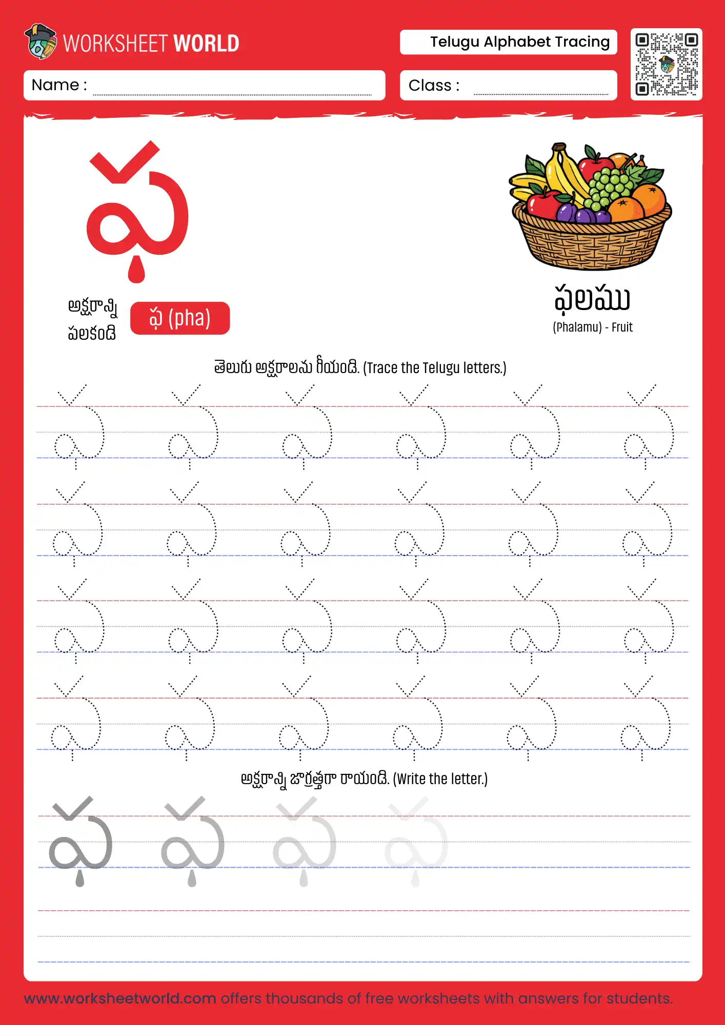 letter fa telugu alphabet tracing worksheet with fruit basket picture for school kids