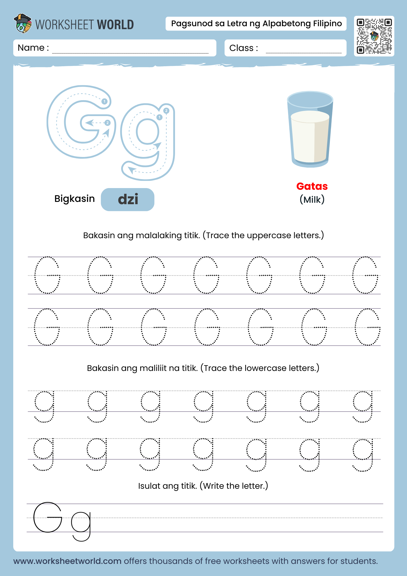 pagbakas ng titik g- letter g filipino alphabet tracing worksheet with milk picture