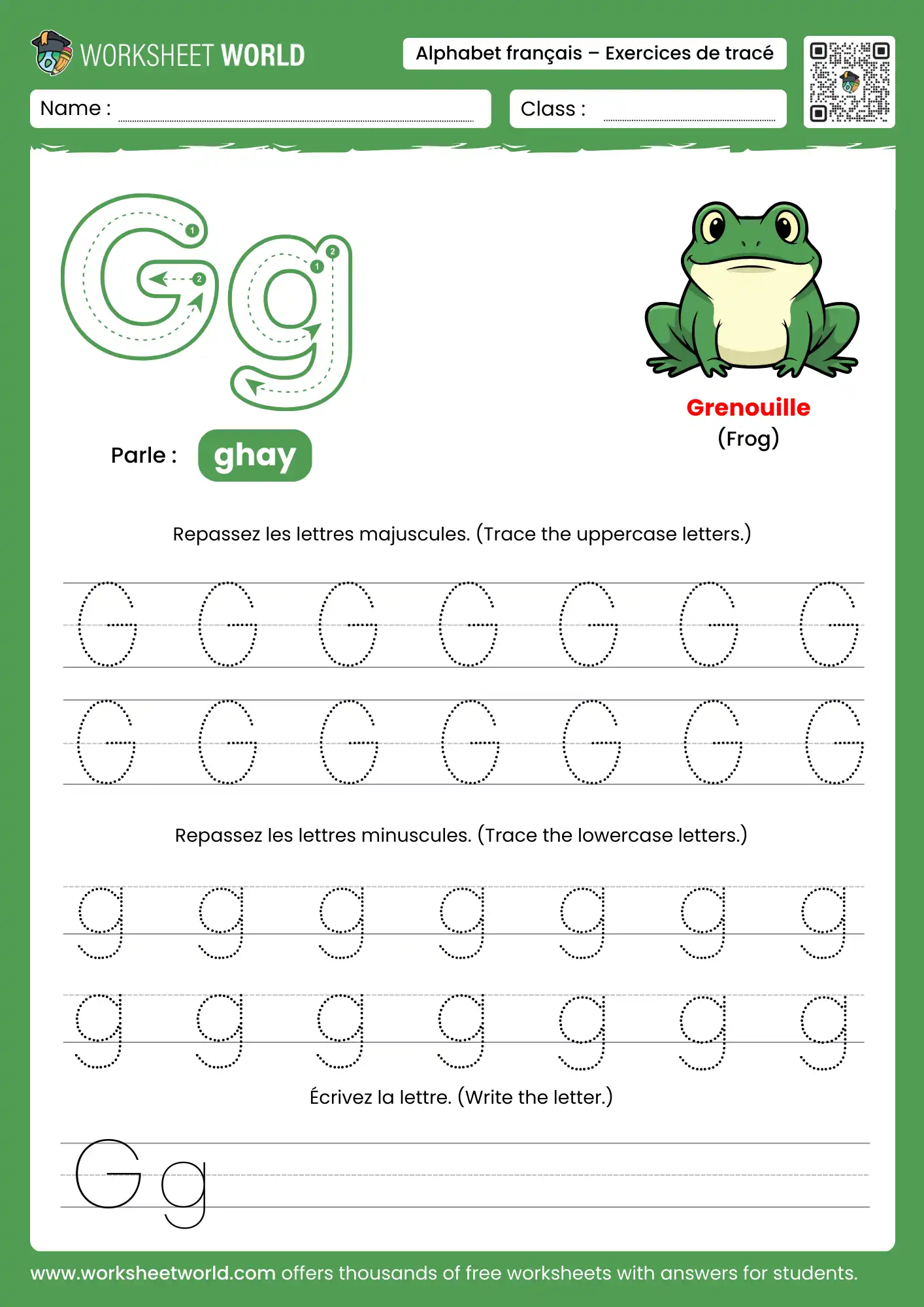 Letter G French Alphabet Tracing Worksheet with frog picture