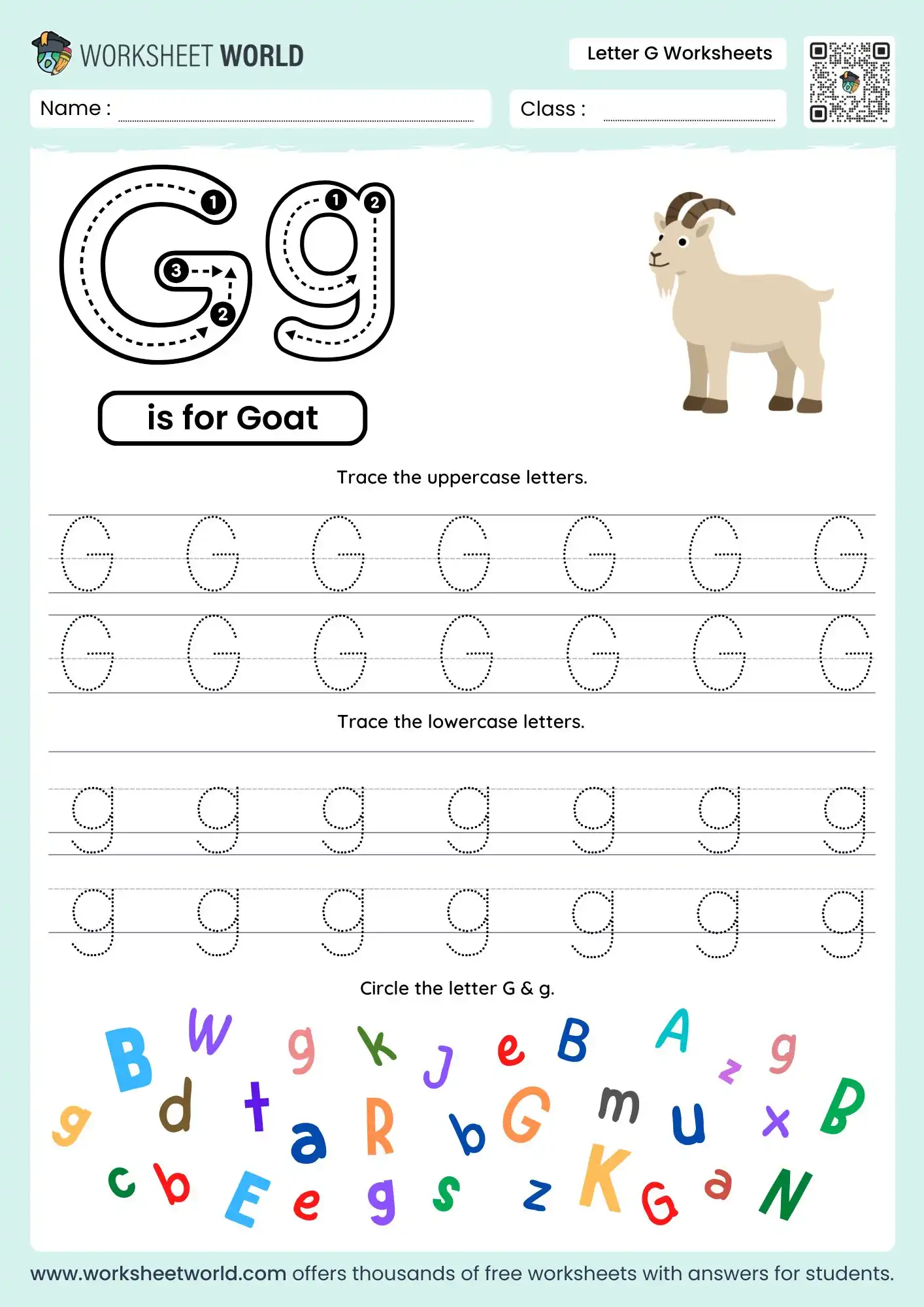 letter g worksheets featuring a goat illustration and tracing rows for preschool students